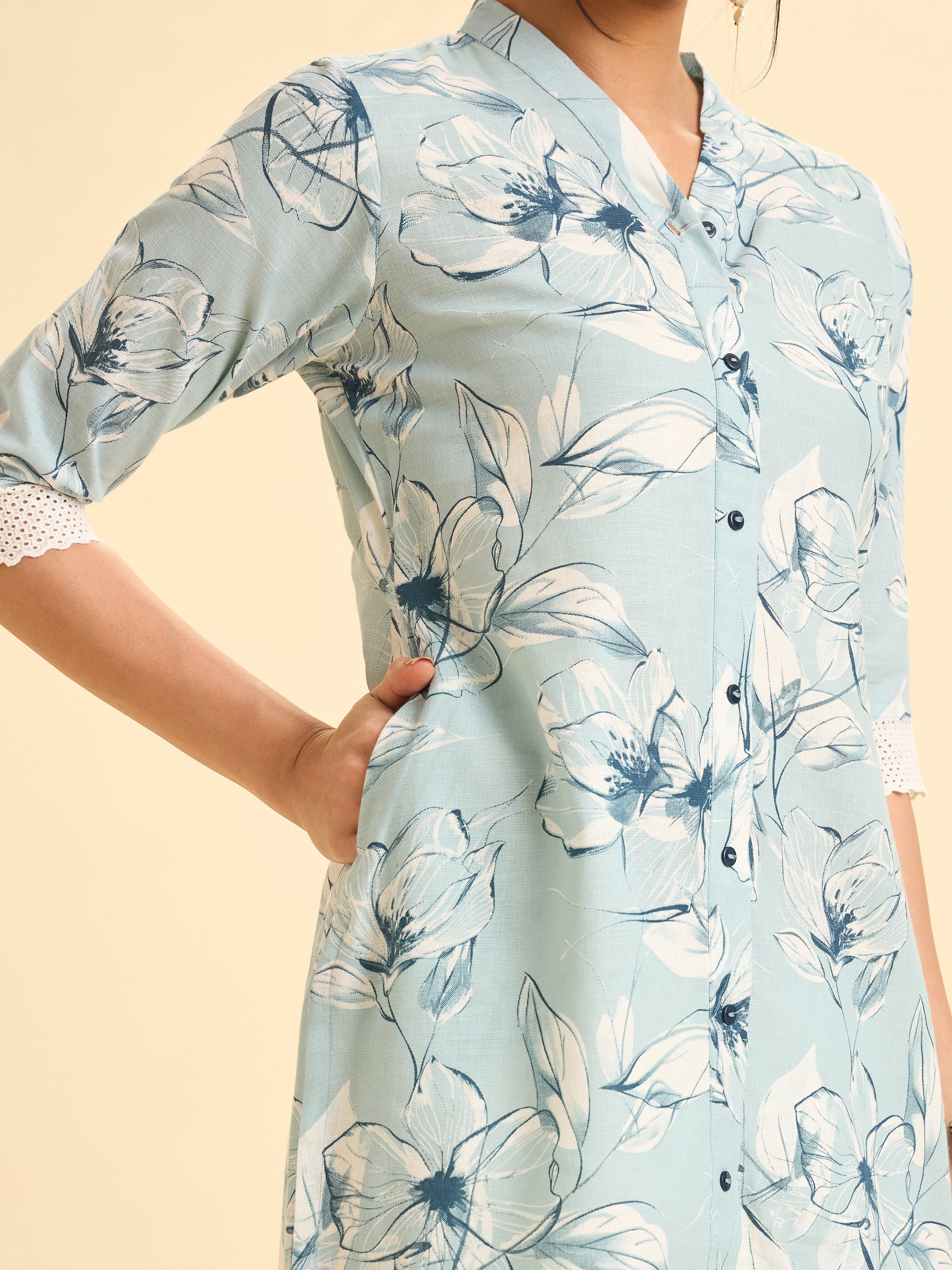 Sky Blue Cotton Linen Printed Slited Kurti With Lace