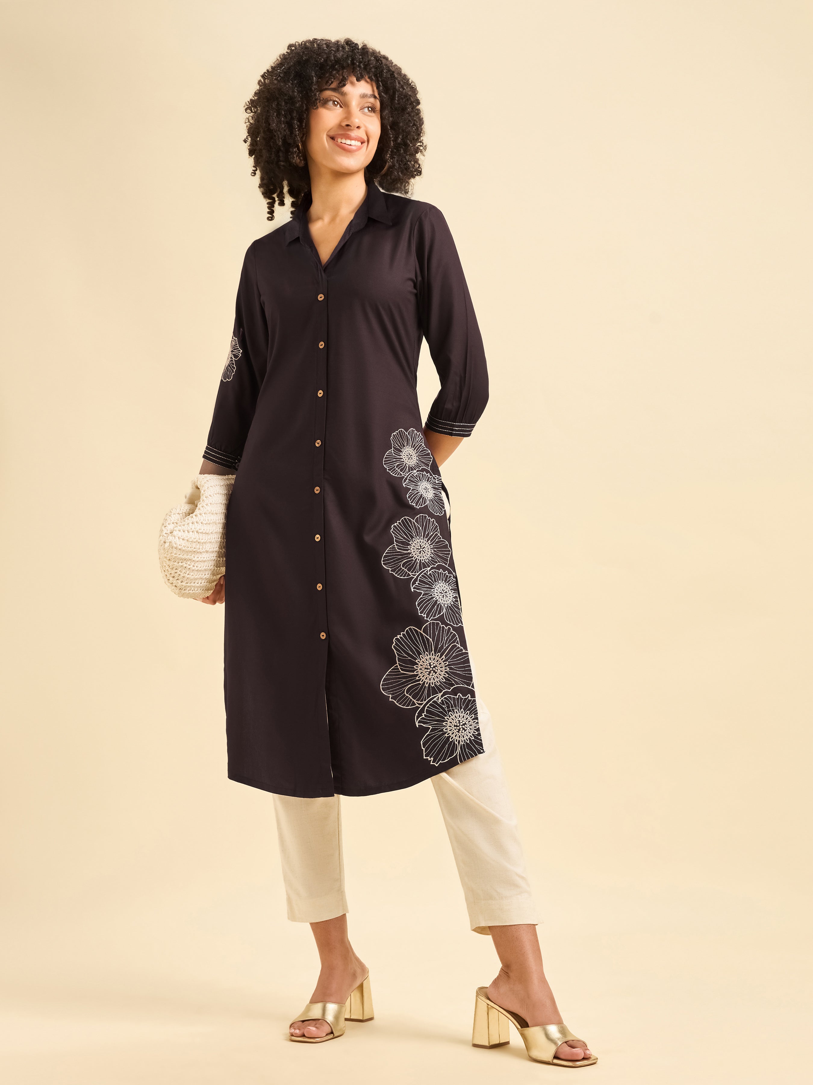 Coffee Brown Viscose Plain Slited Kurti With Embroidery