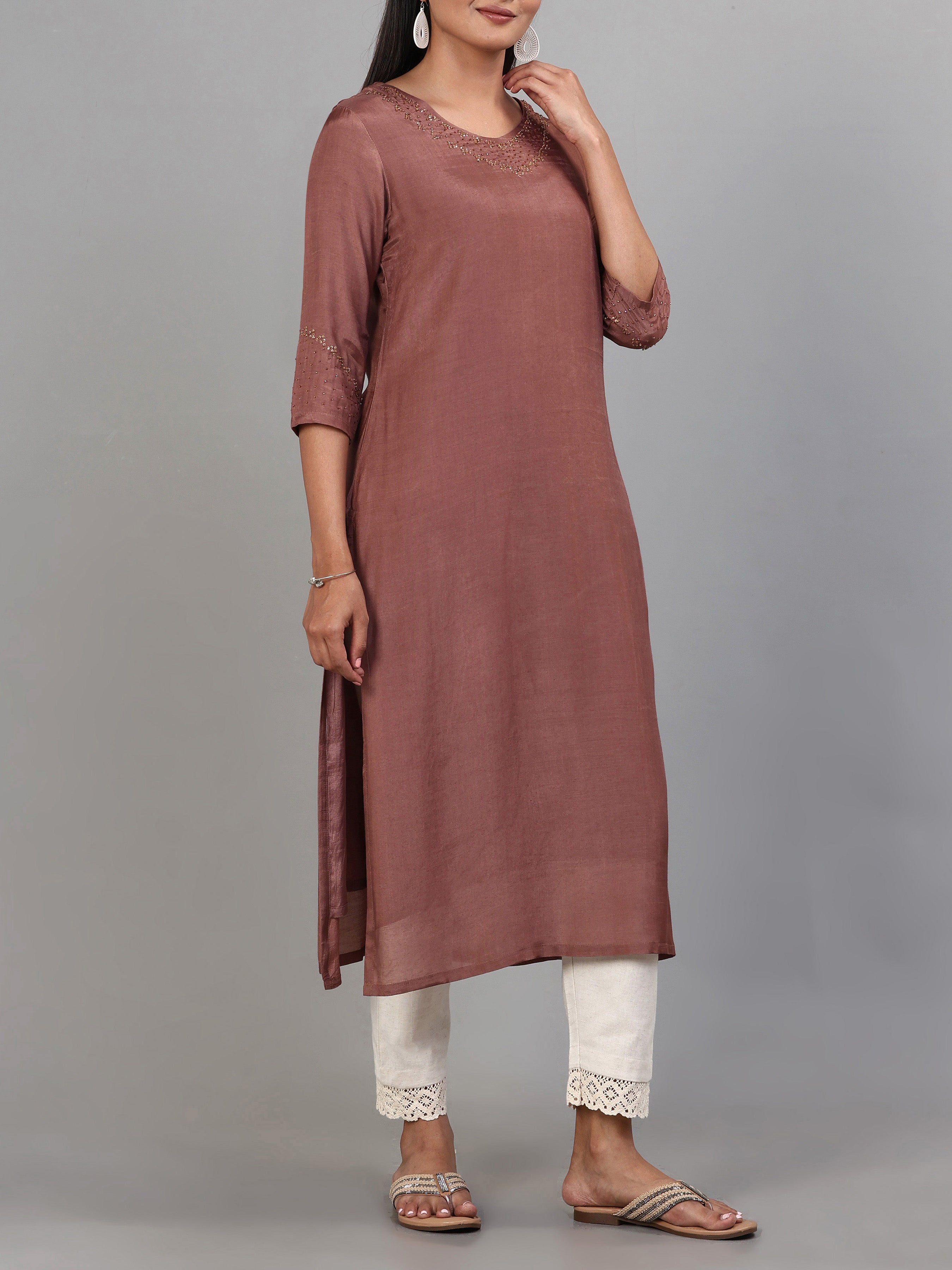 Coffee Brown Viscose Plain Kurti With Hand Work