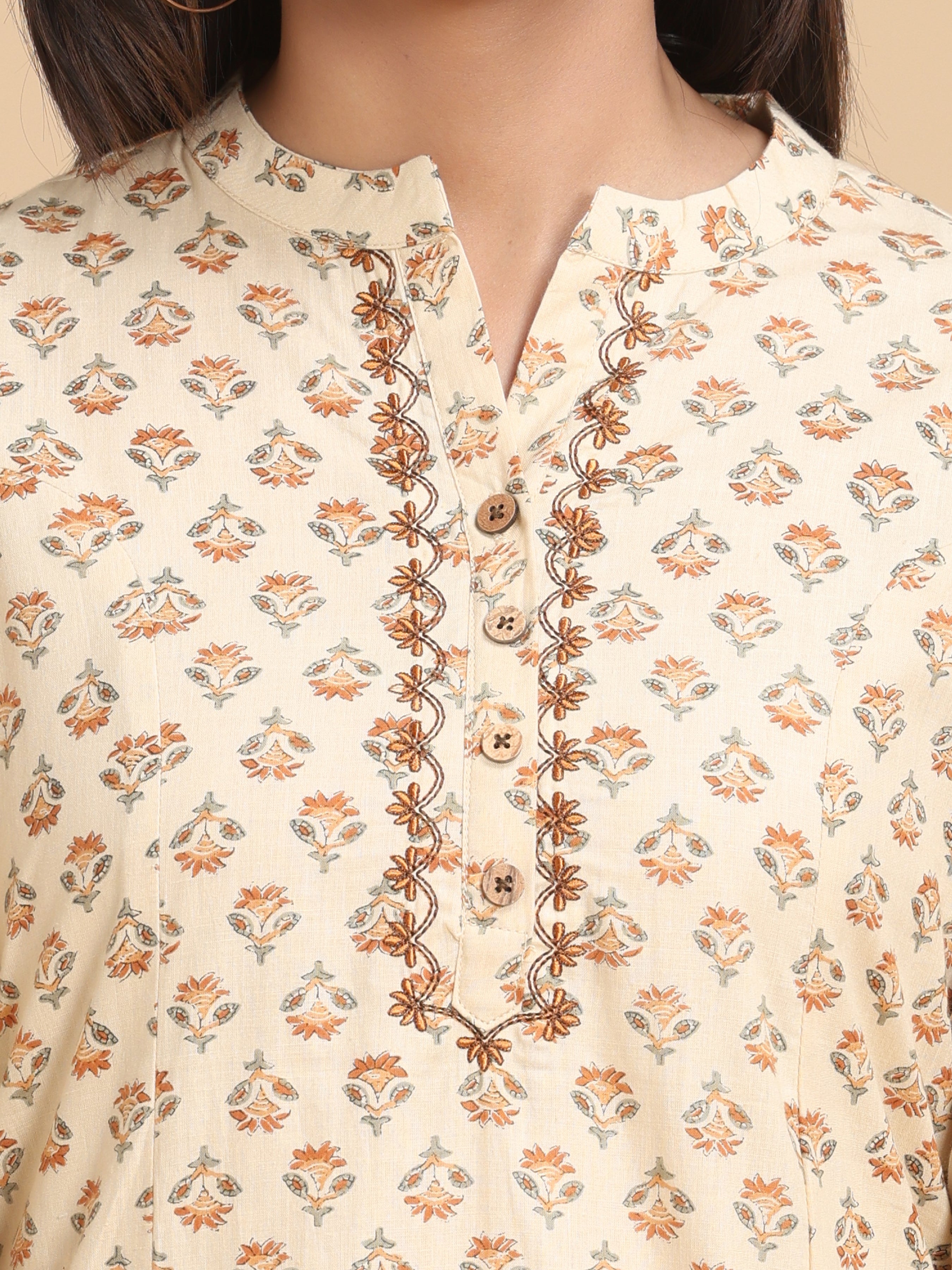 Beige Pure Cotton Printed Kurti