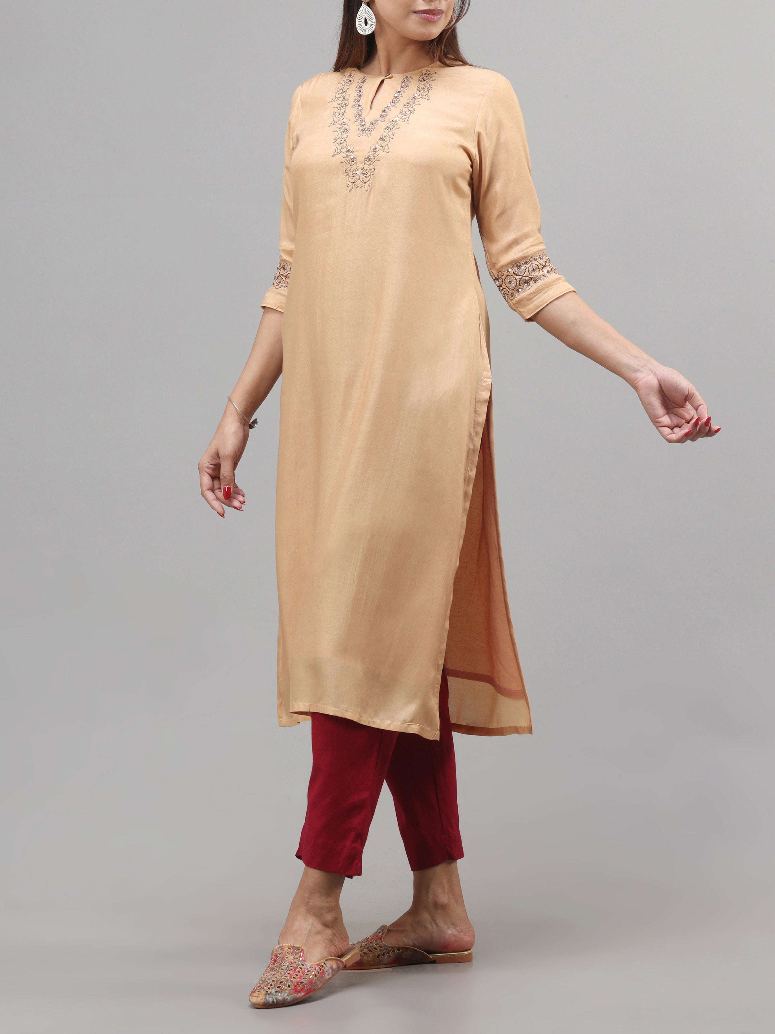 Beige Viscose Plain Kurti With Embroidery