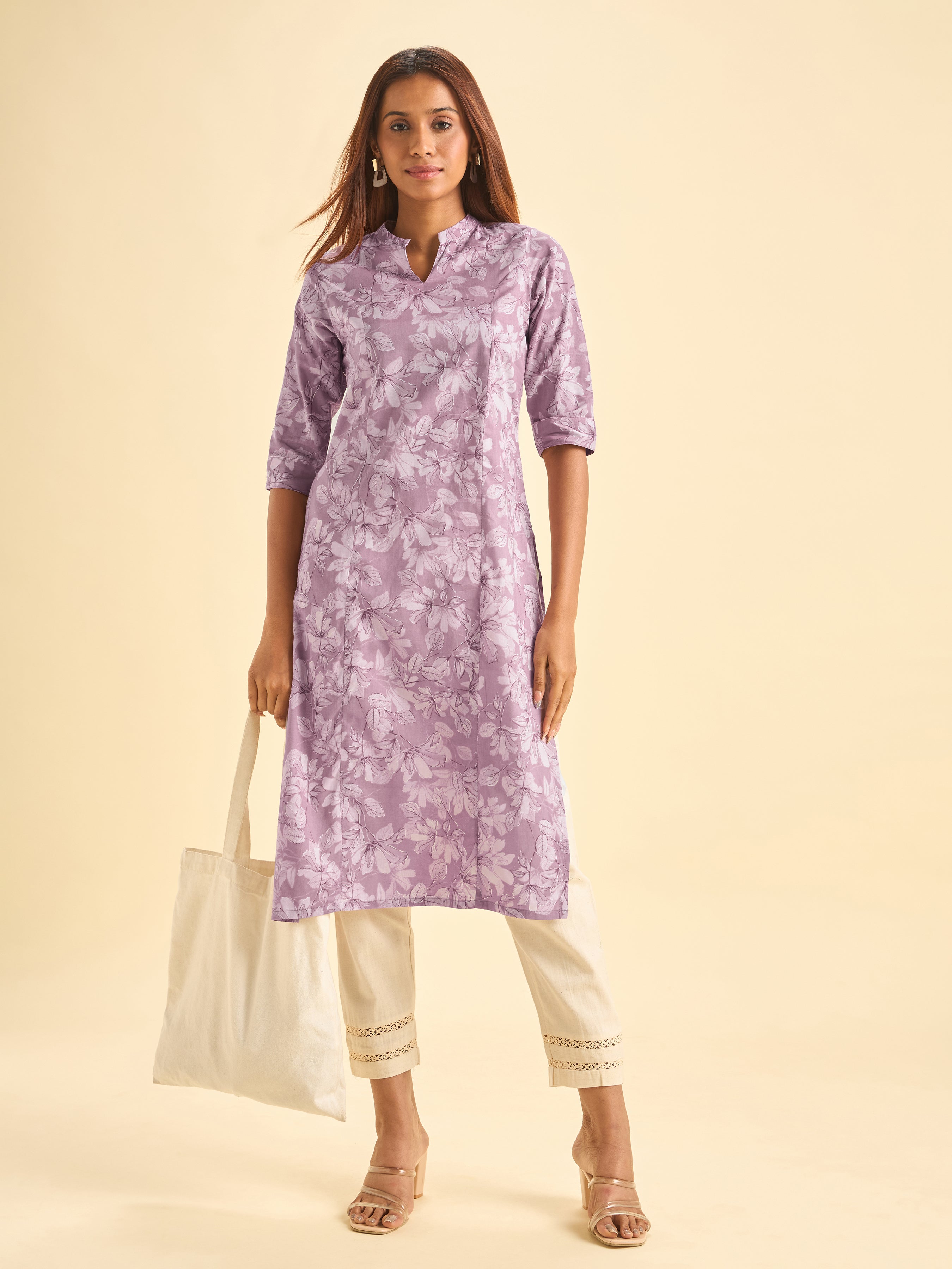 Lilac White Pure Cotton Printed Kurti