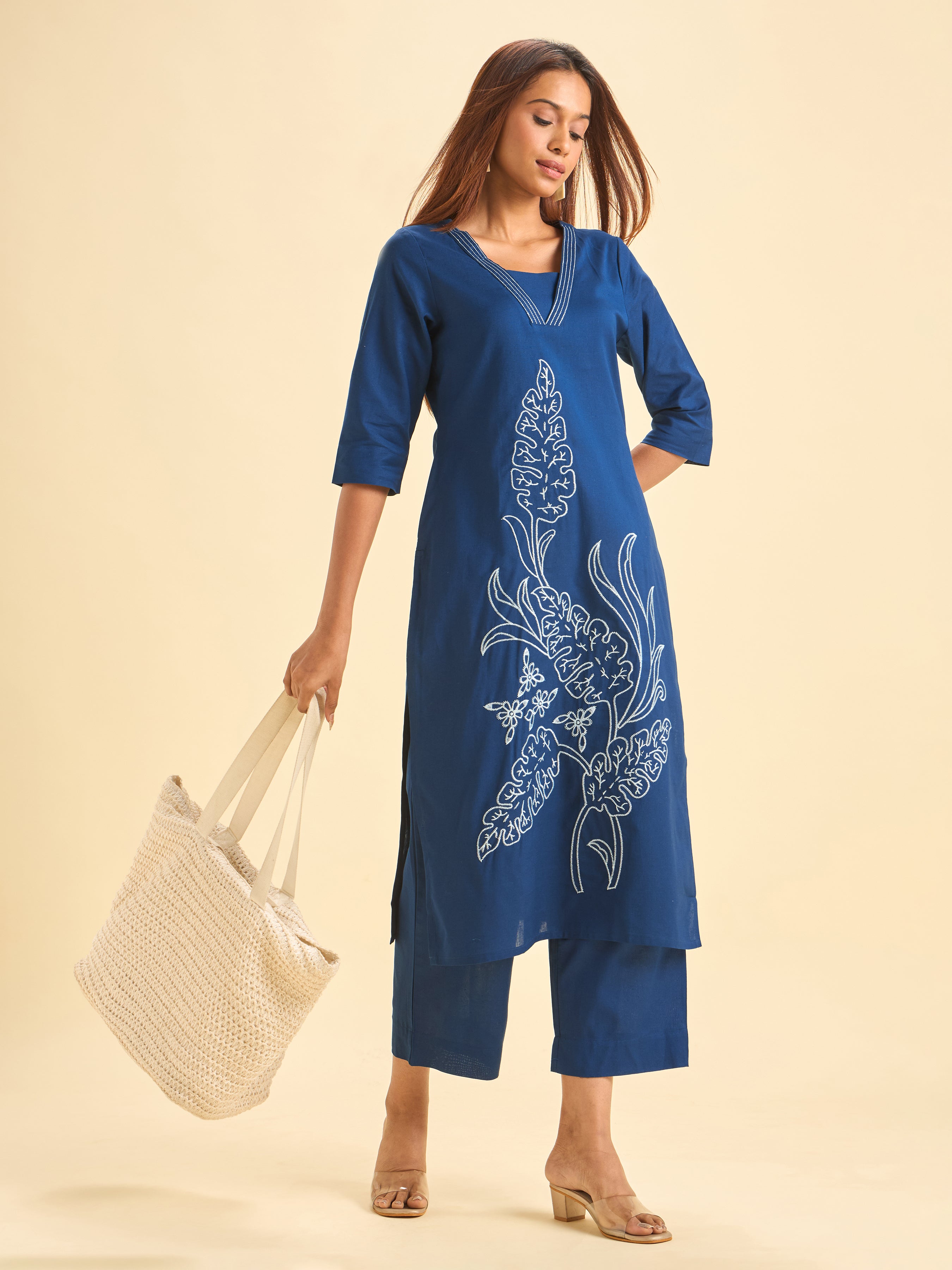 Navy Blue Cotton Flax Slit Kurti Set With Embroidery