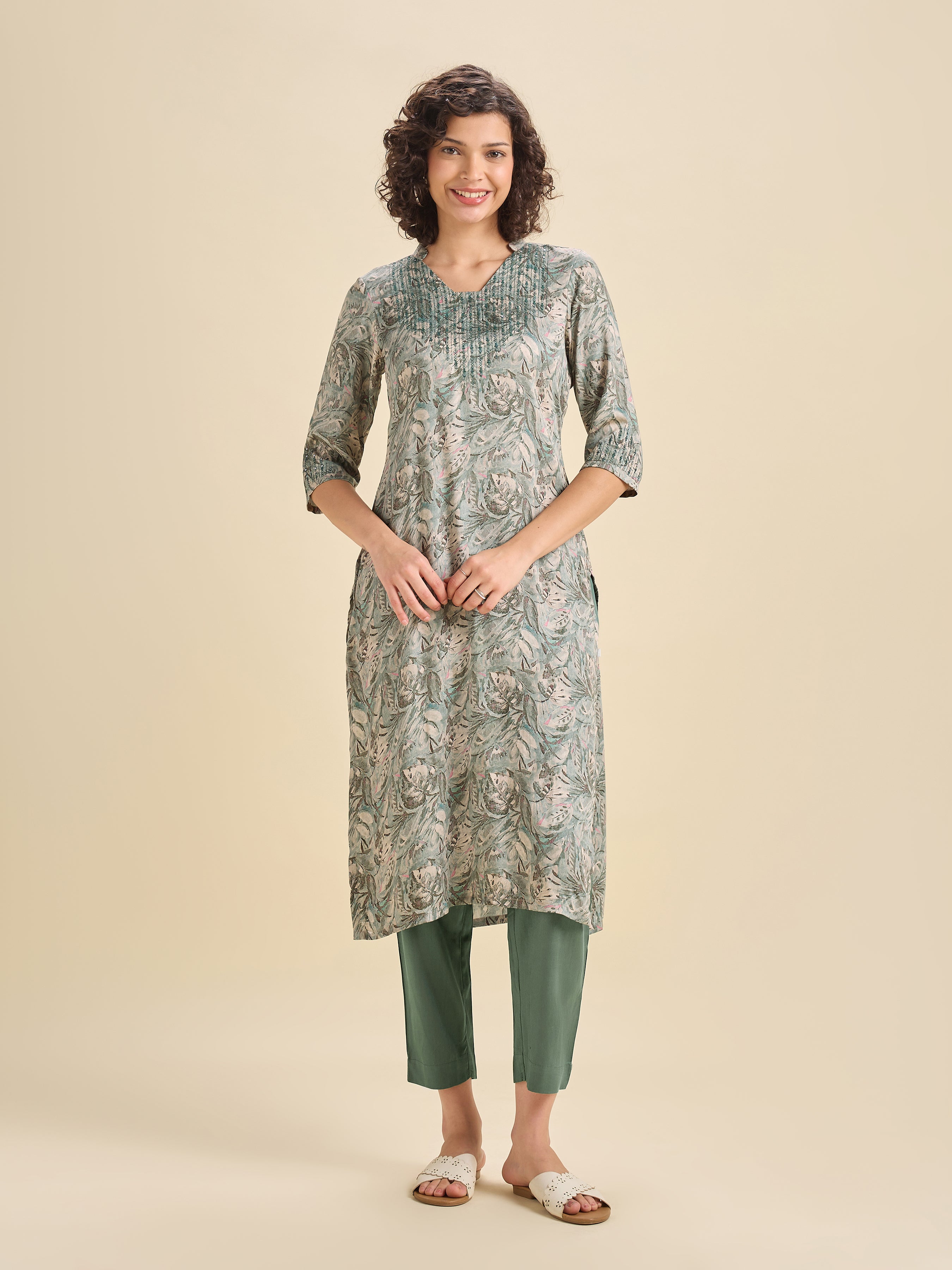 Sage Green Modal Satin Slited Kurti Set With Embroidery & Sequins Work