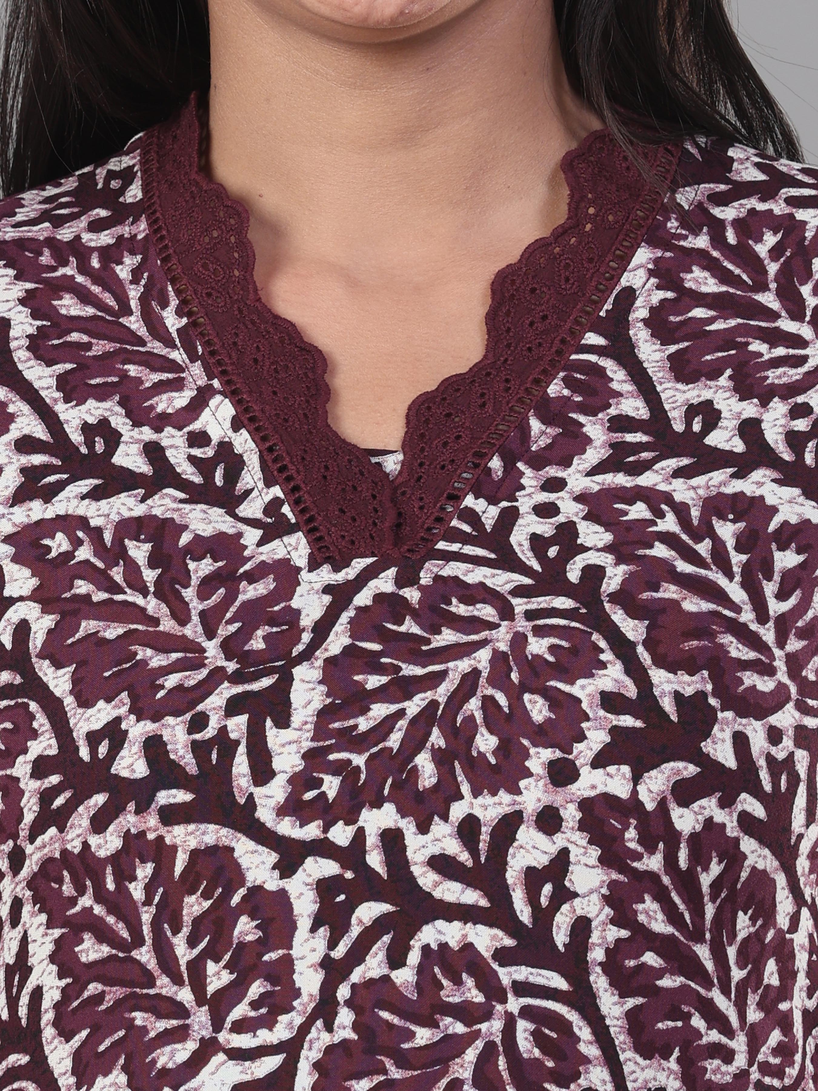 Wine Red Viscose Printed Kurti