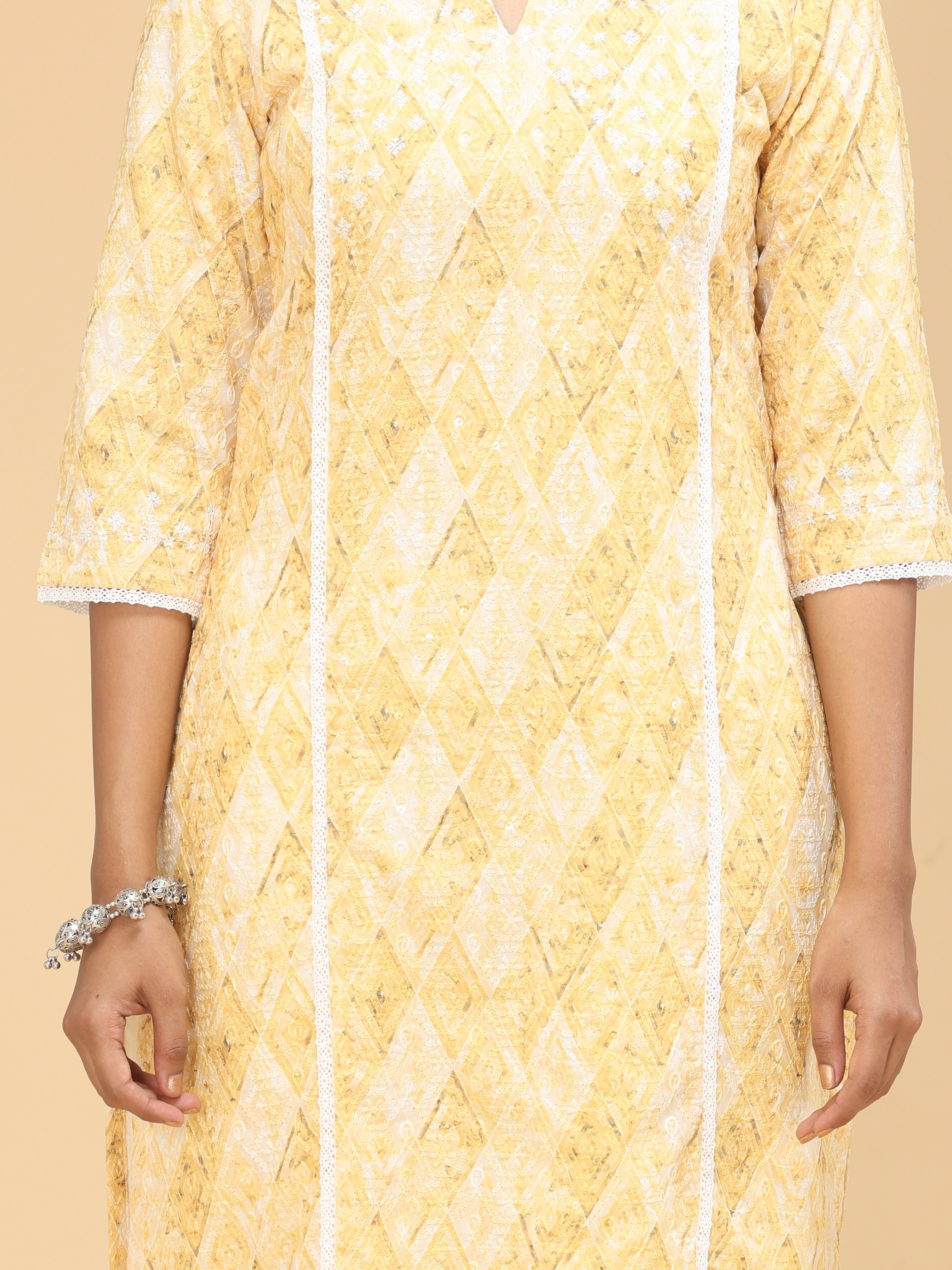 Yellow Viscose Schifili Printed Kurti With Embroidery