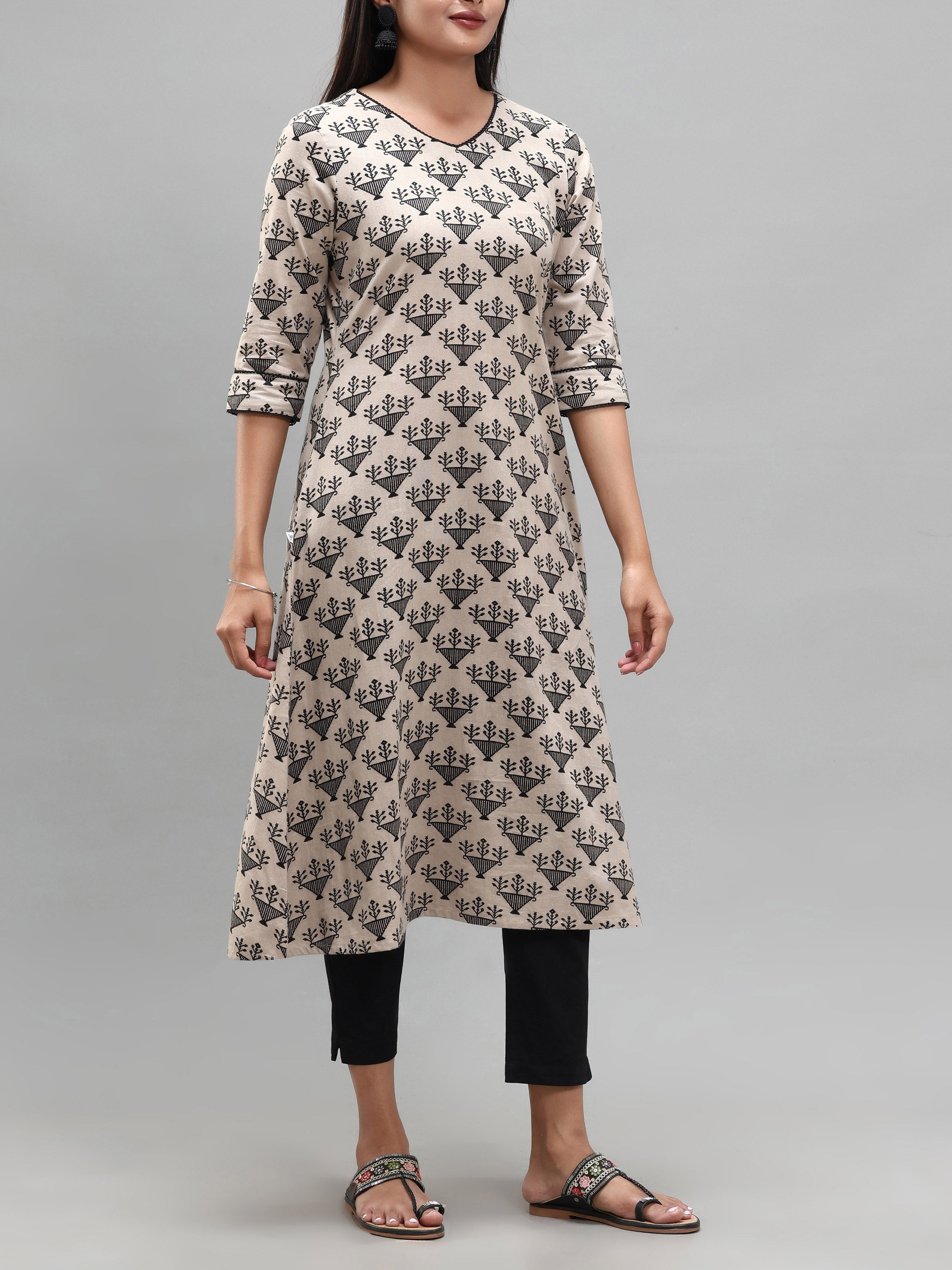 Beige Cotton Flax Printed Kurti With Lace Detailing