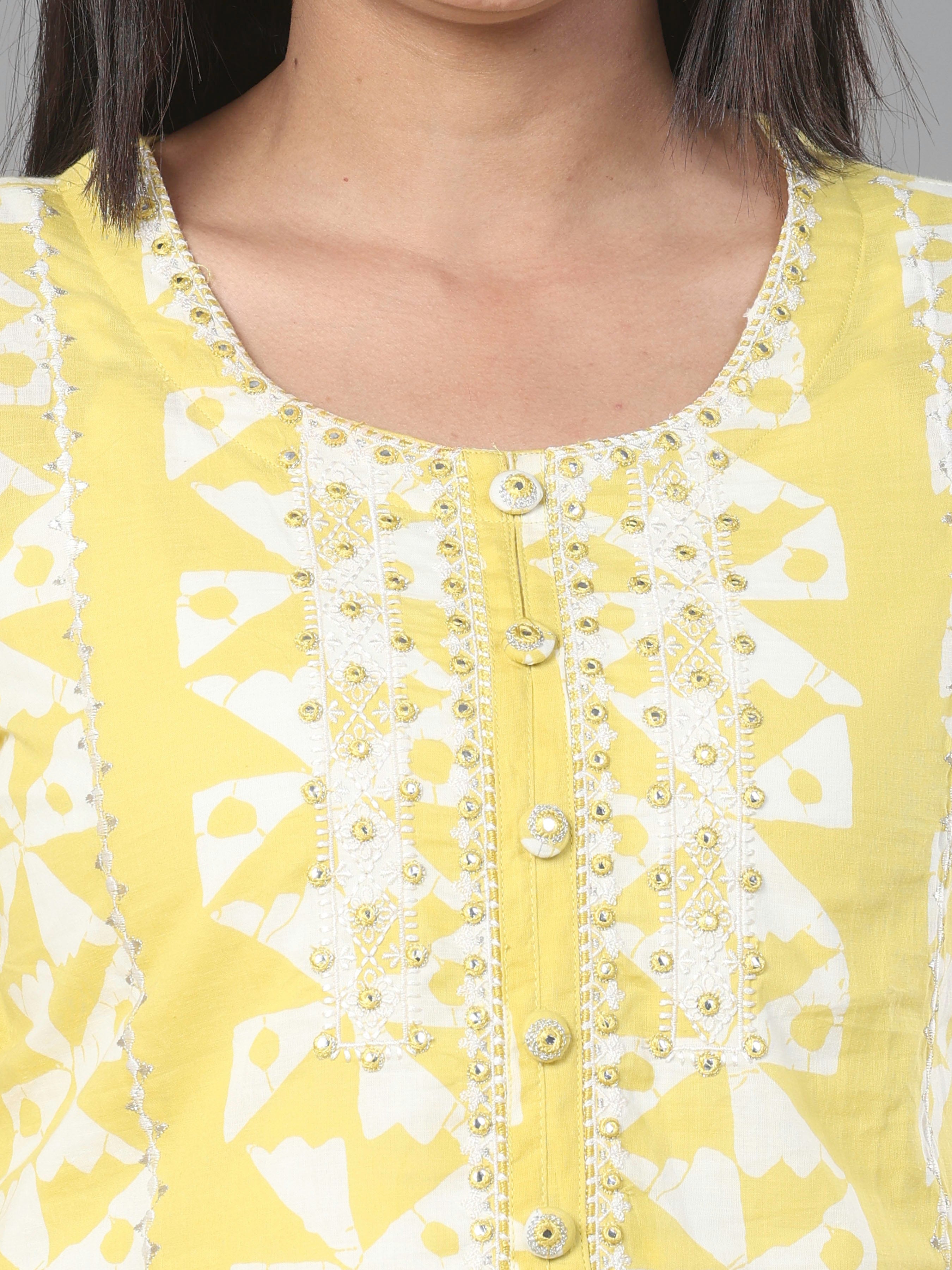 Pale Yellow Pure Cotton Kurti With Embroidery