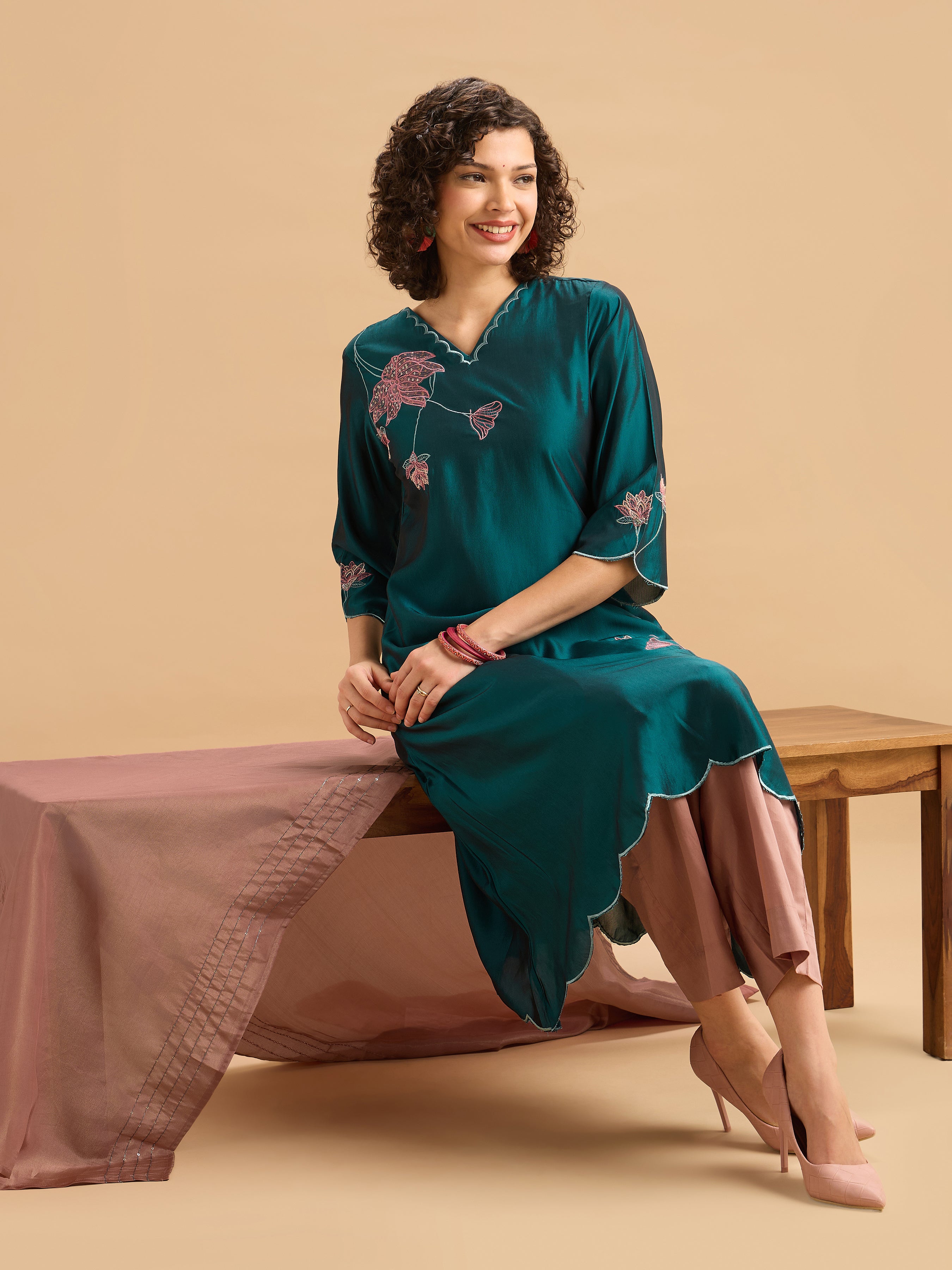 Teal Viscose Blend Kurti Set With Dupatta & Sequins Embroidery