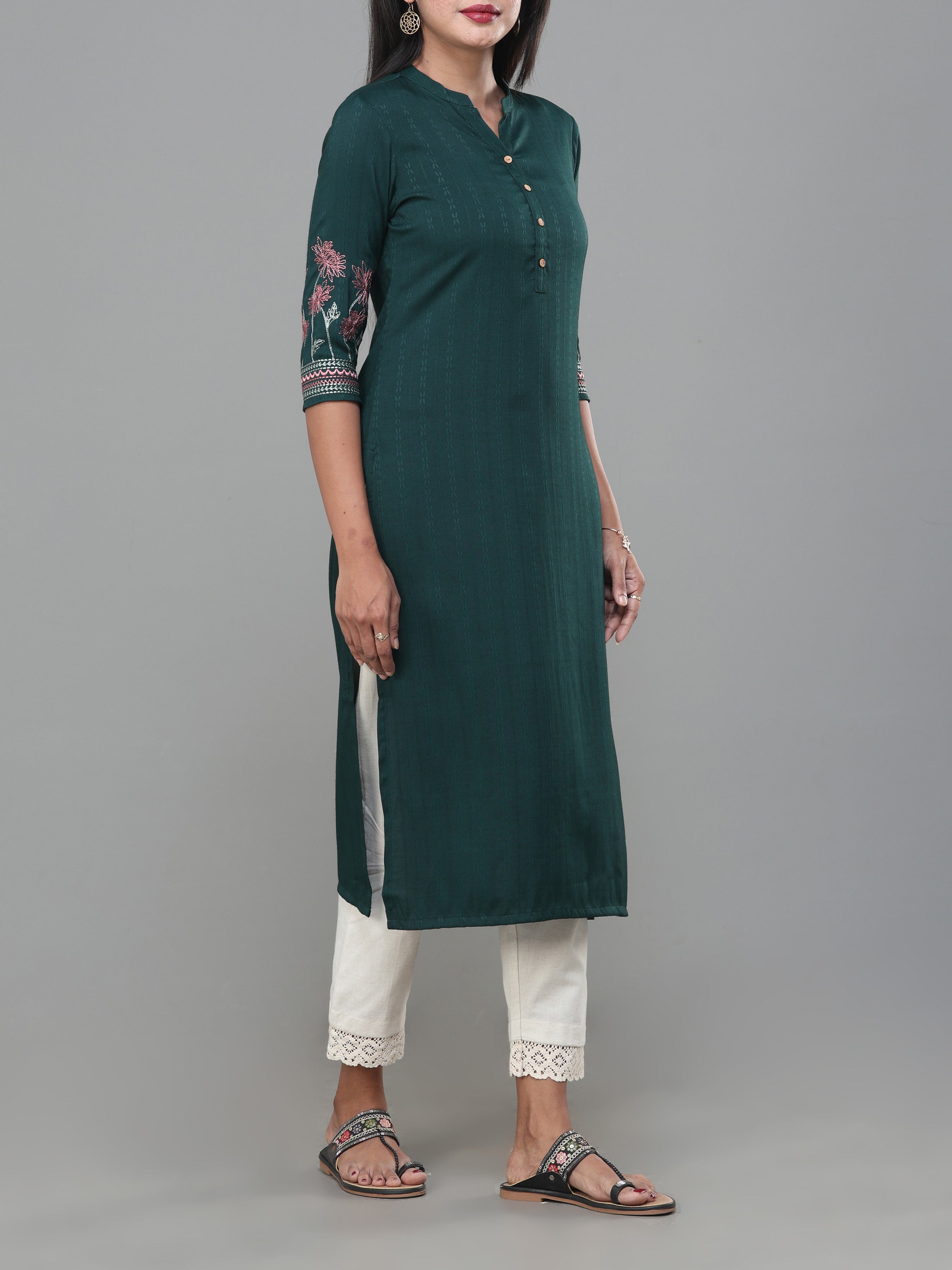 Bottle Green Viscose Jacquard Kurti With Embroidery