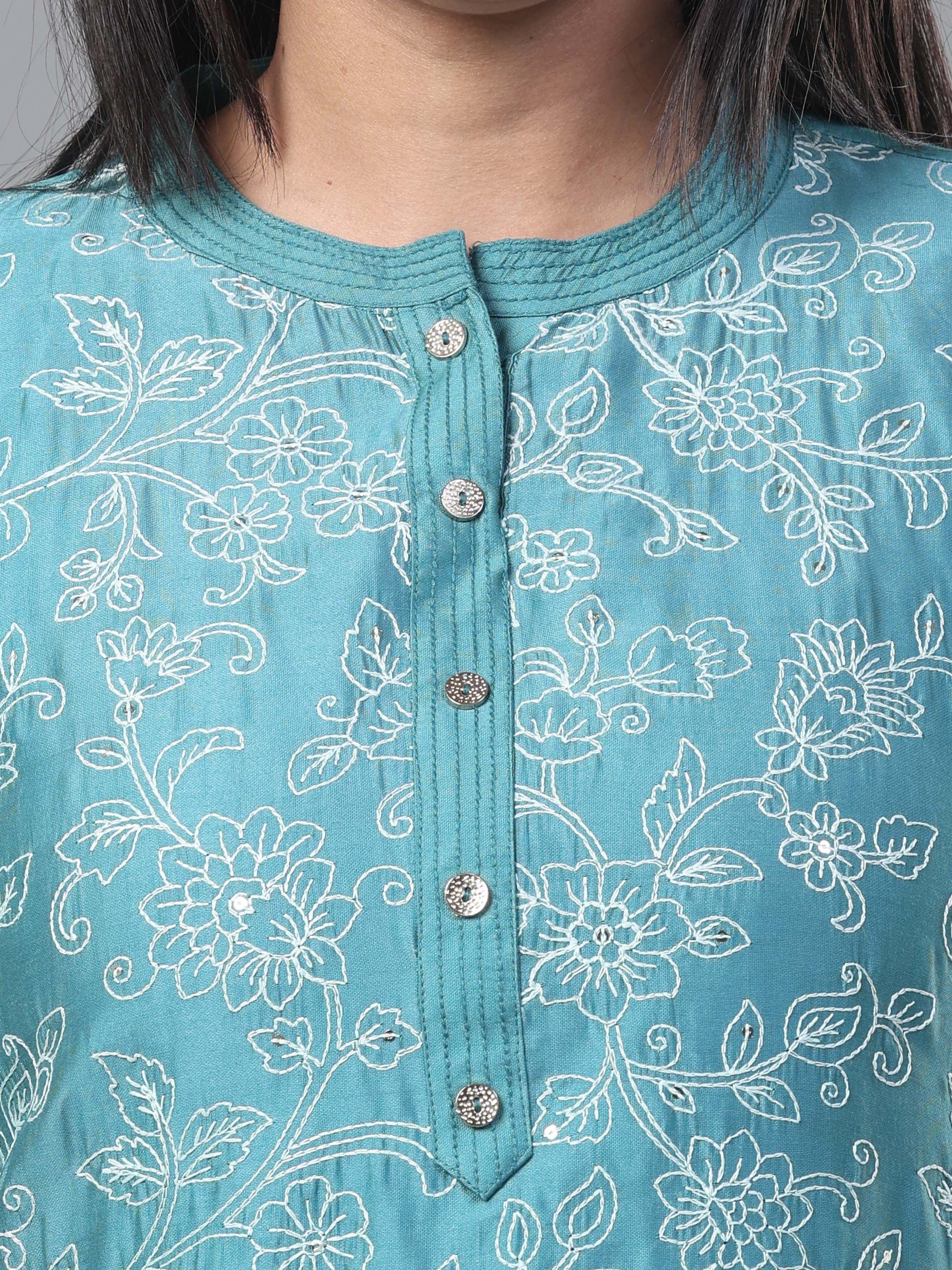 Aqua Blue Poly Viscose Kurti With Embroidery