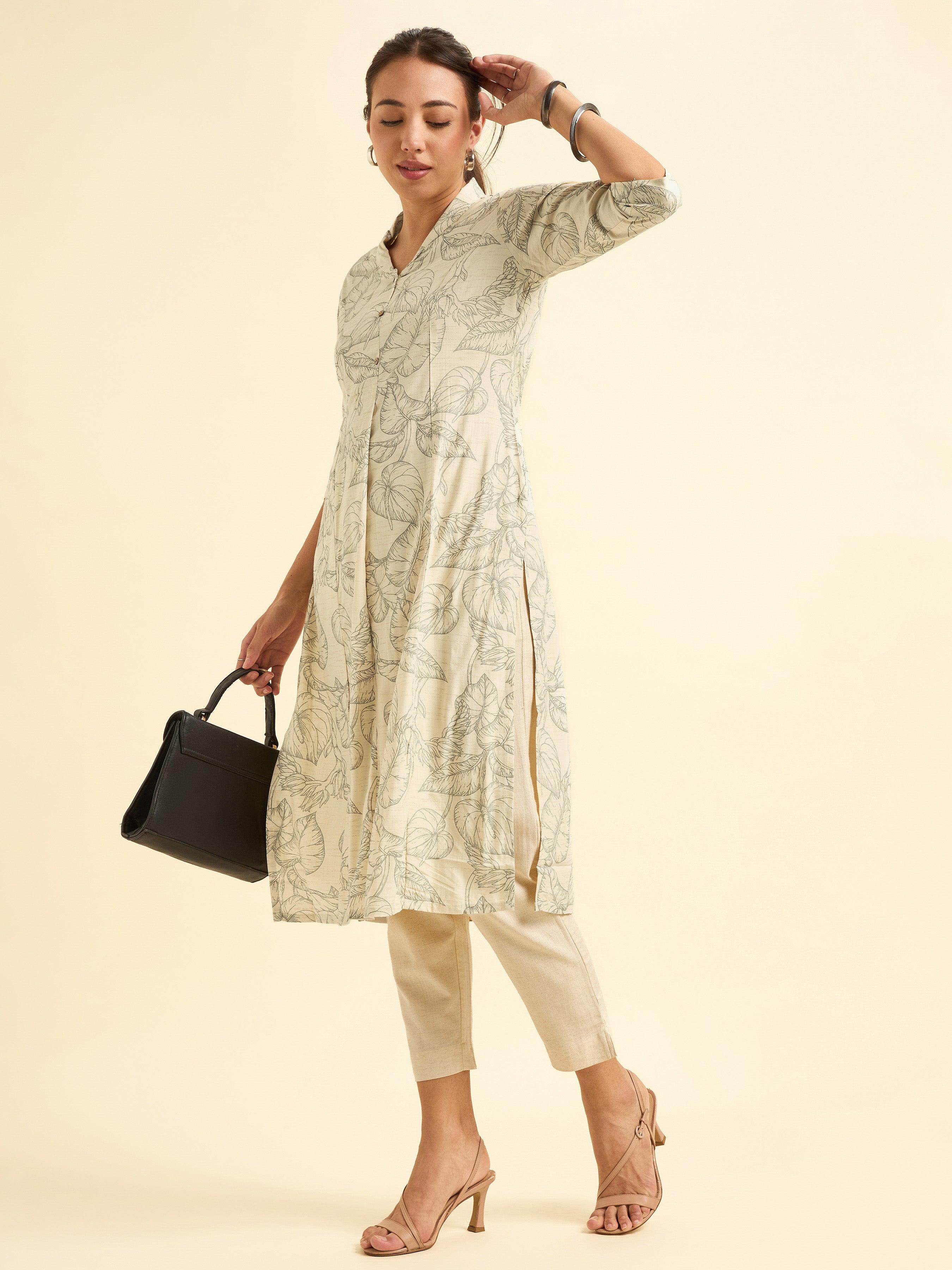 Ivory And Black Tencel Printed Flared Princess Cut Kurti