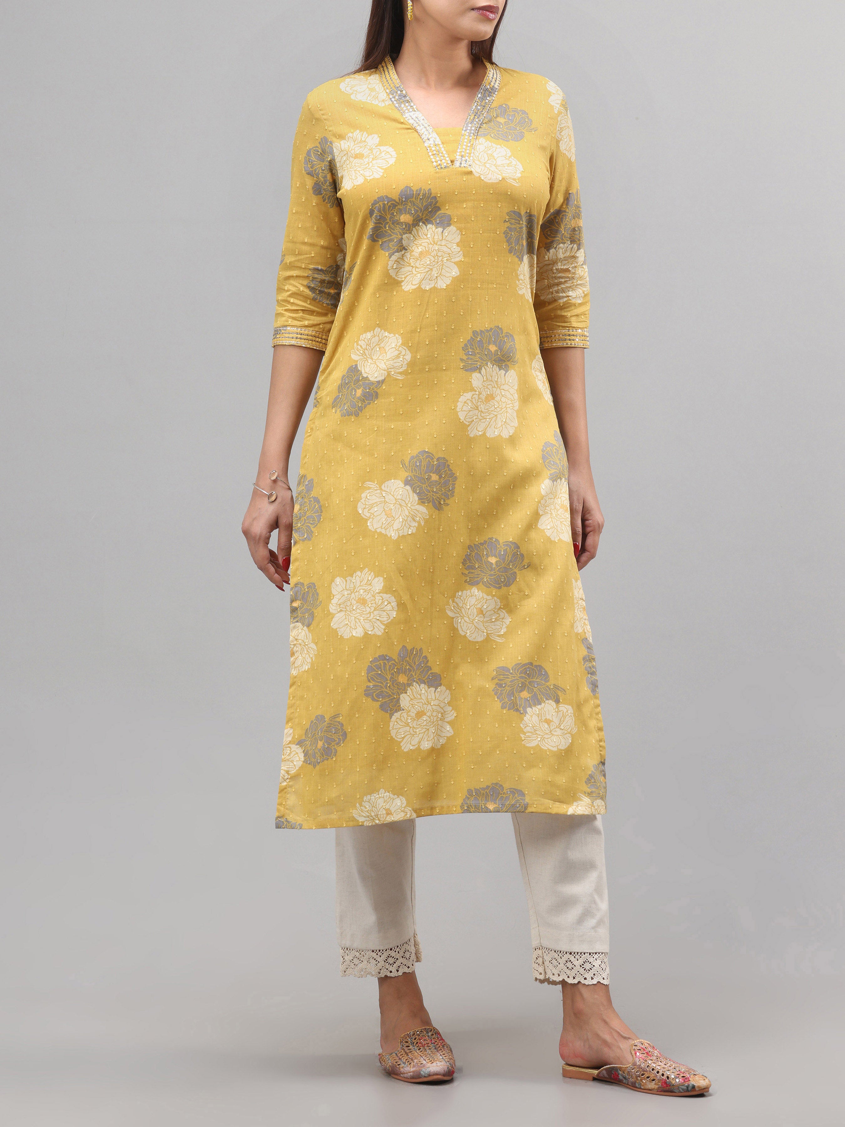 Mustard Colour Cotton Dobby Printed Kurti With Sequins Work