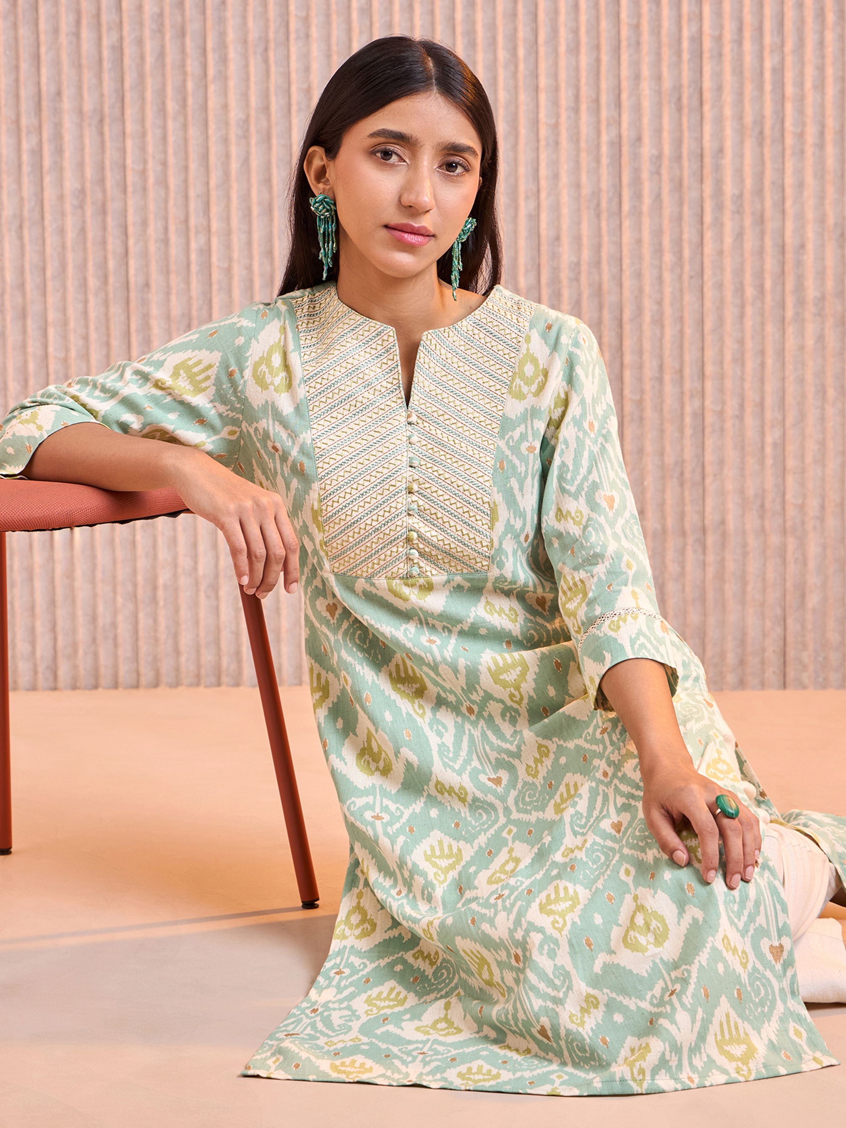 Aqua Green Cotton Flax Printed Kurti With Lace & Embroidery