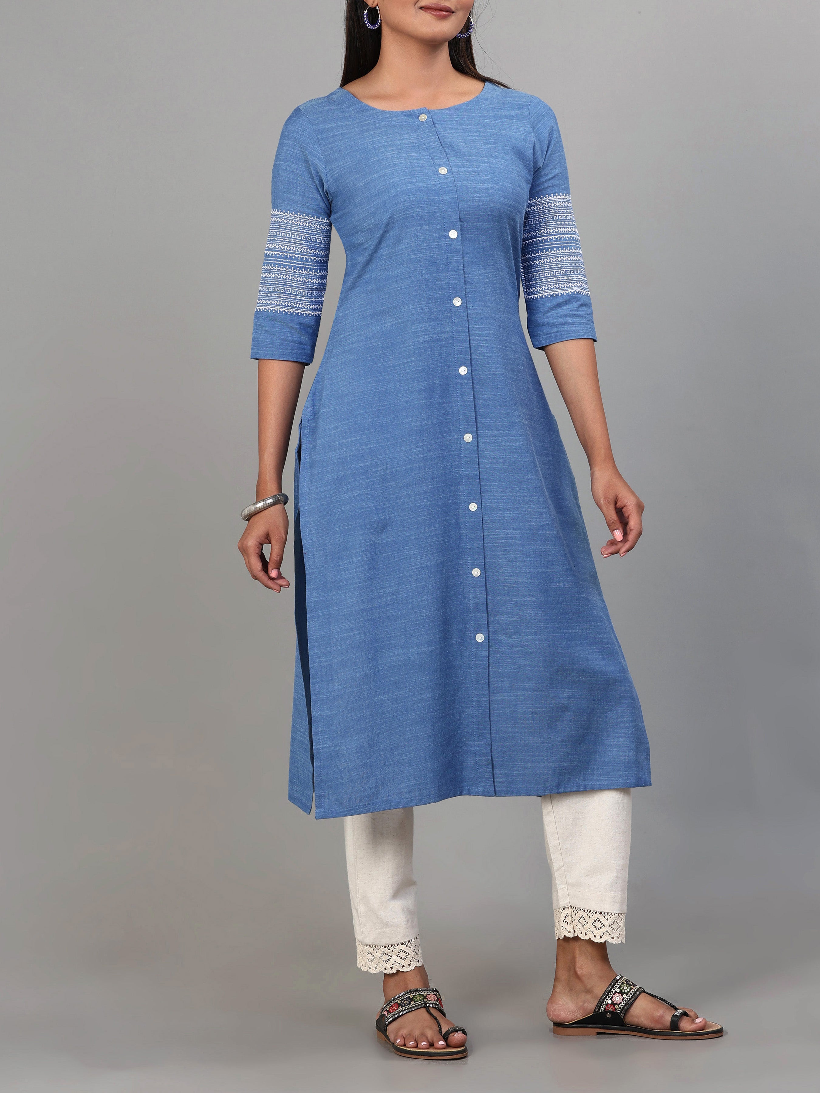 Light Blue Viscose Cotton Kurti With Embroidery