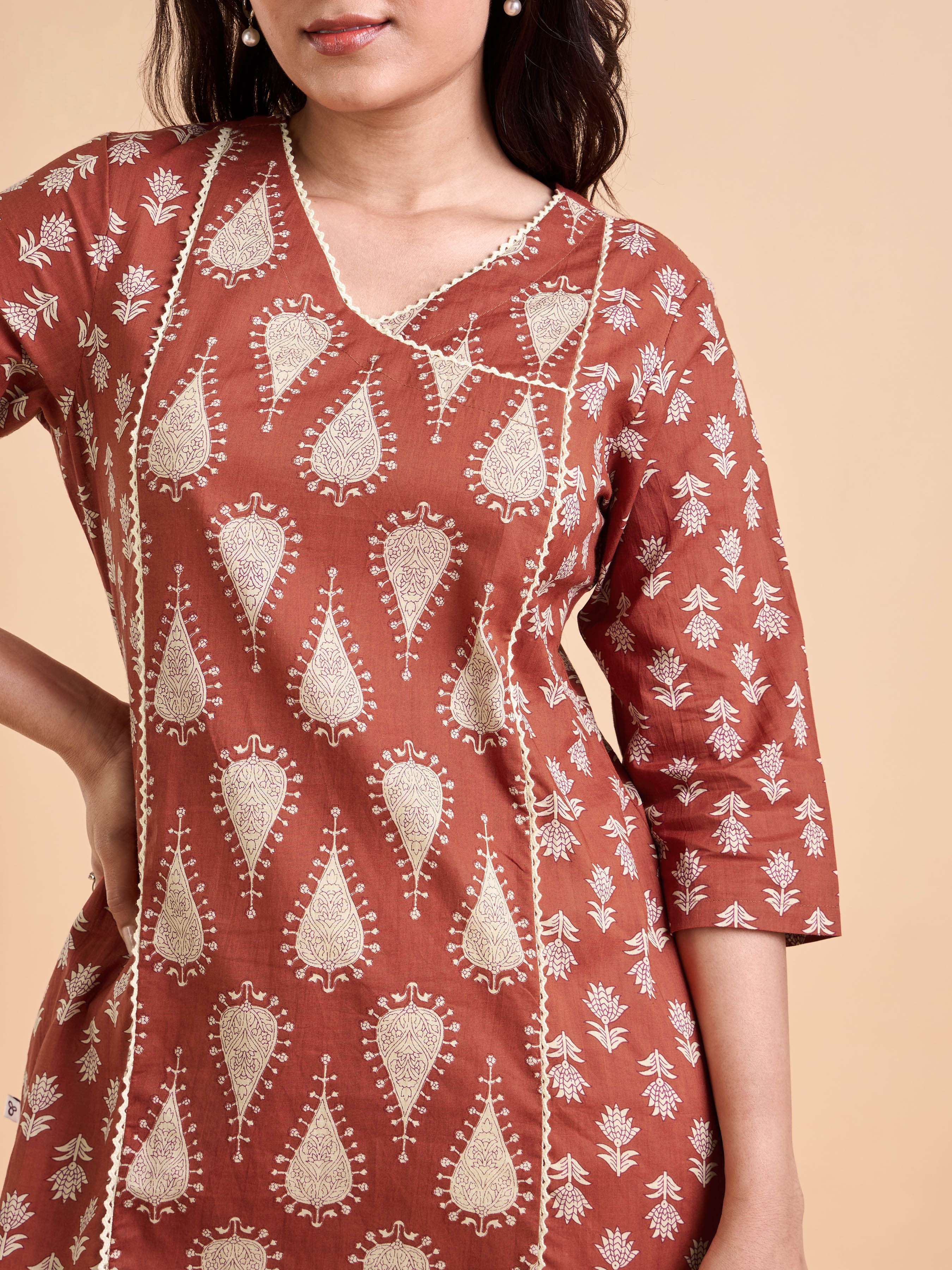 Brick Brown Pure Cotton Printed Kurti With Lace