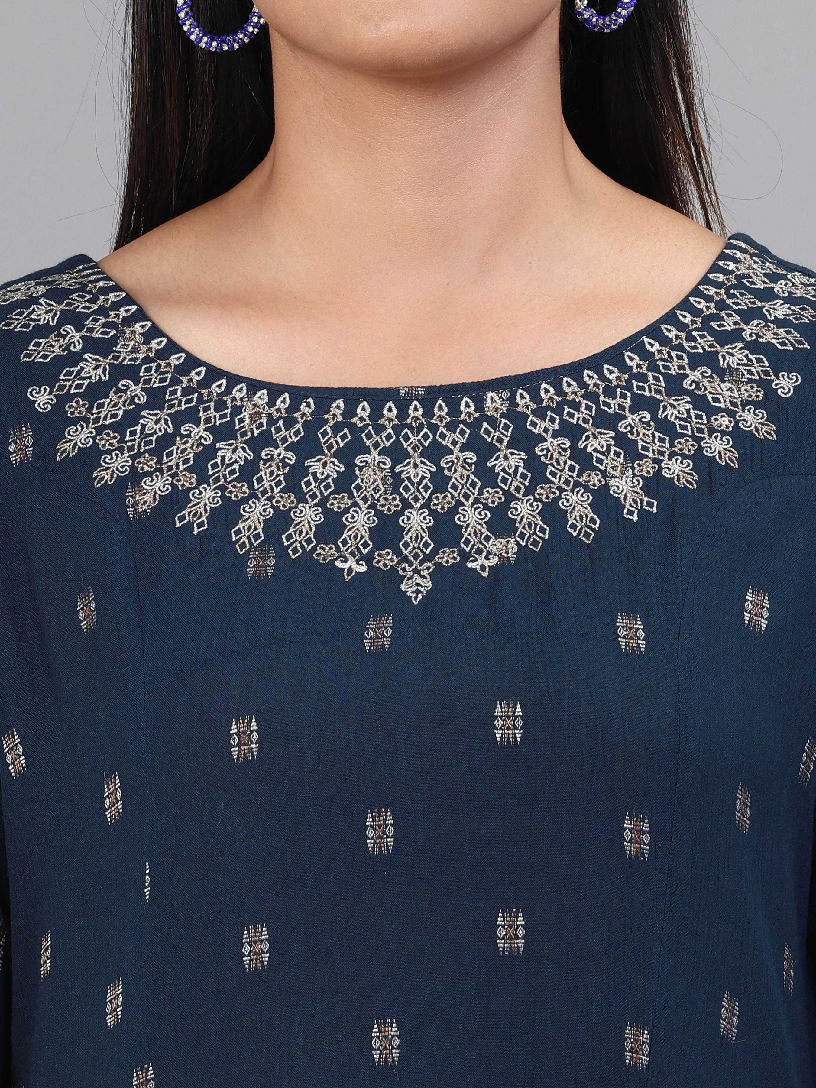 Navy Blue Wrinkle Viscose Kurti With Embroidery