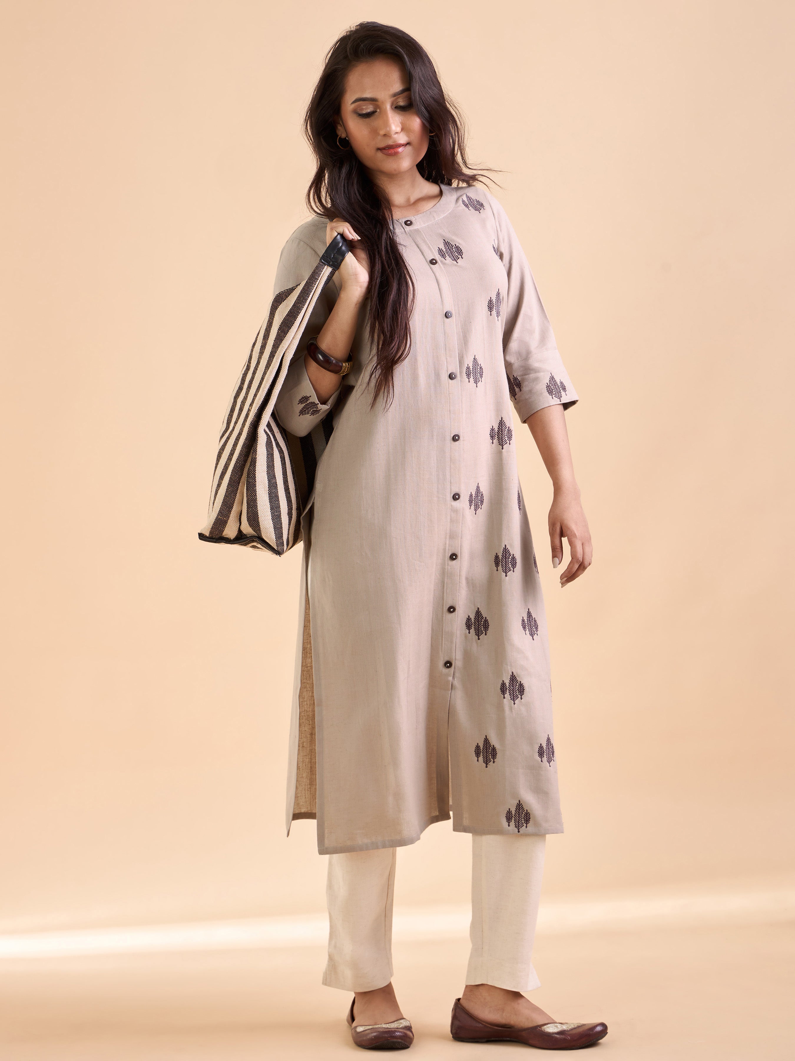 Light Brown Cotton Flax Plain Kurti With Embroidery