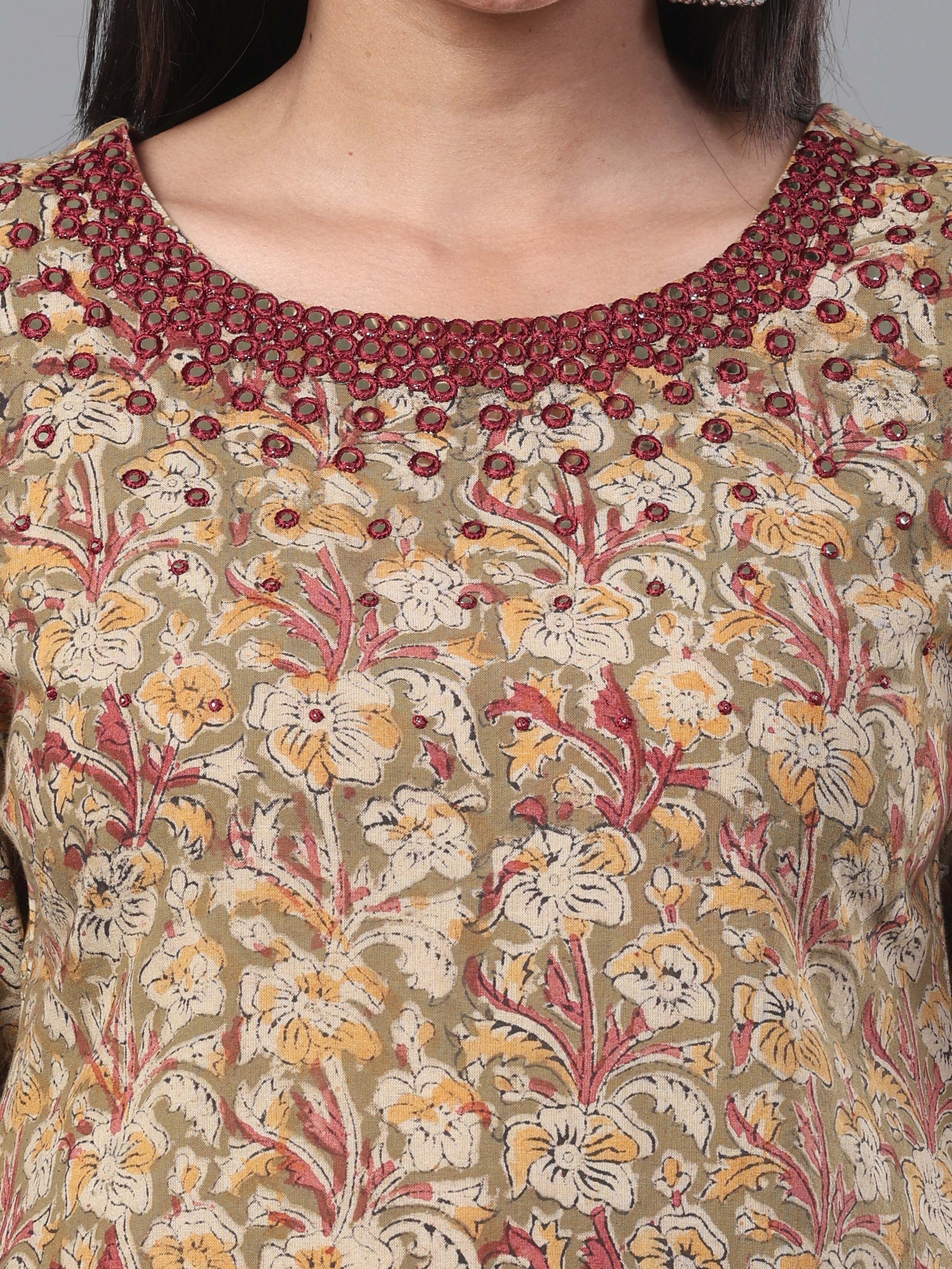 Olive Green Pure Cotton Printed Kurti With Mirror Work