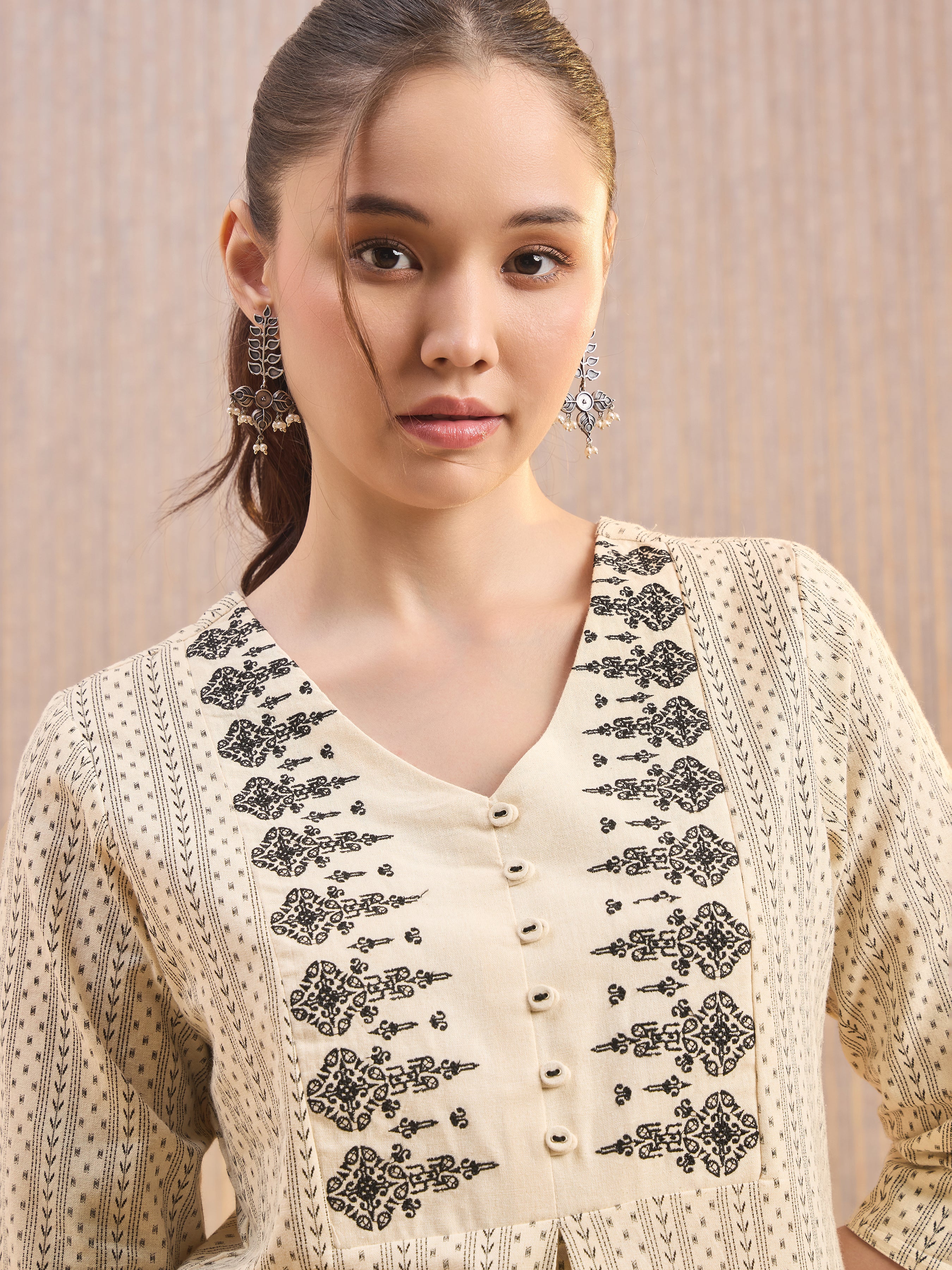 Ivory Cotton Flax Printed Kurti With Embroidery