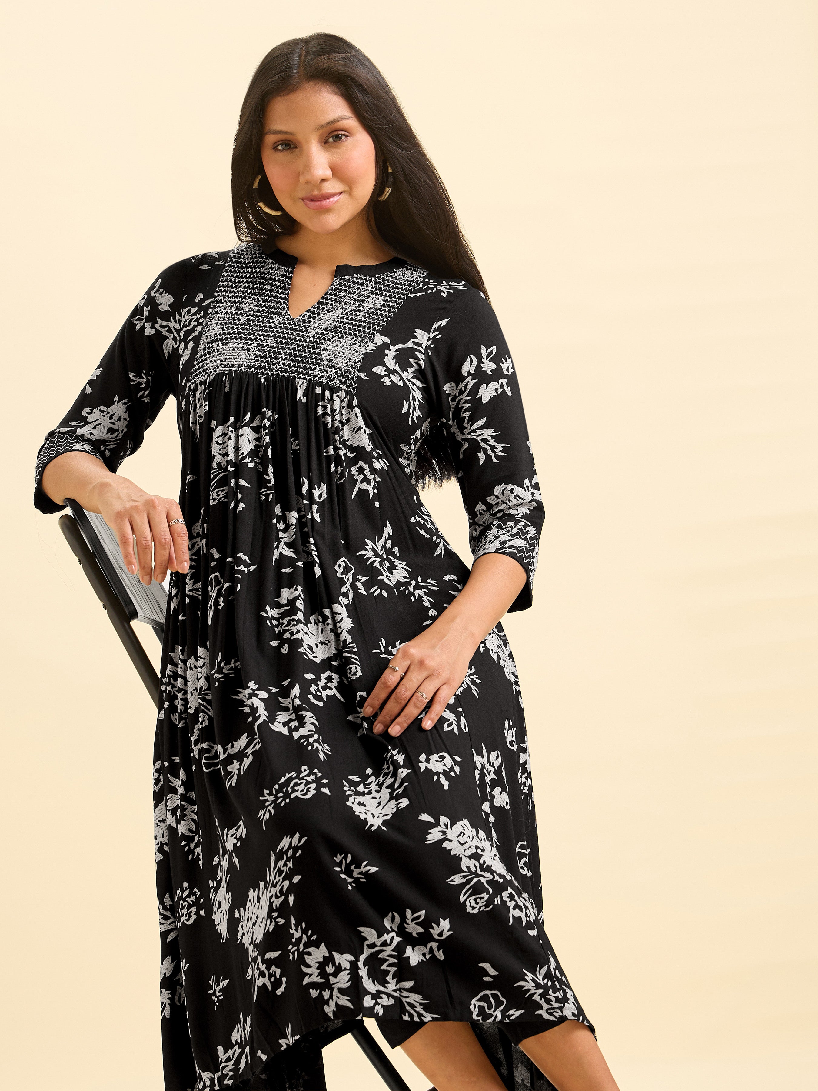 Black And Ivory Viscose Printed Flared Kurti With Smocking Embroidery