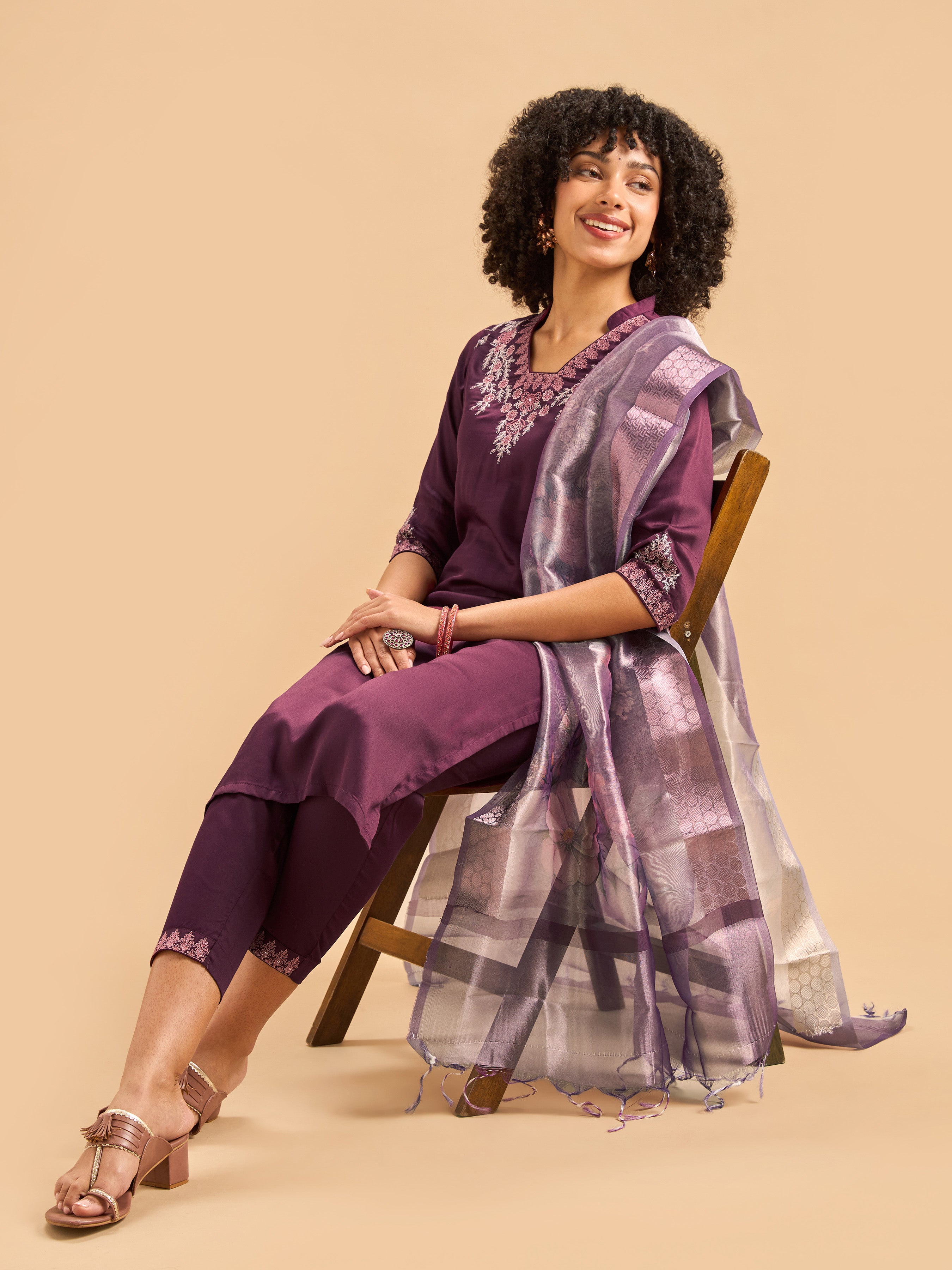 Magenta Modal Satin Kurti Set & Dupatta With Sequins Embroidery