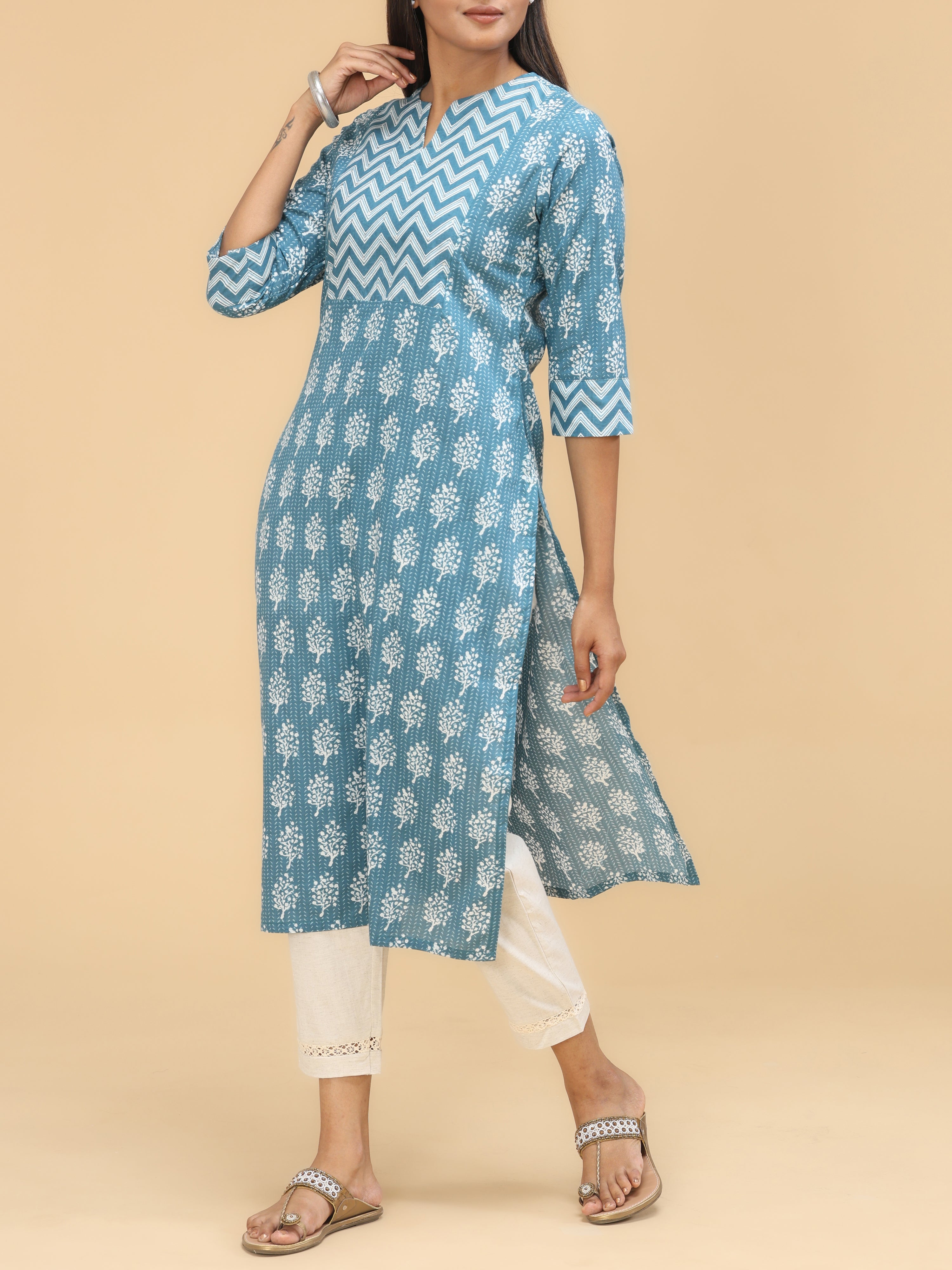 Indigo Blue Pure Cotton Printed Kurti With Sequins Work