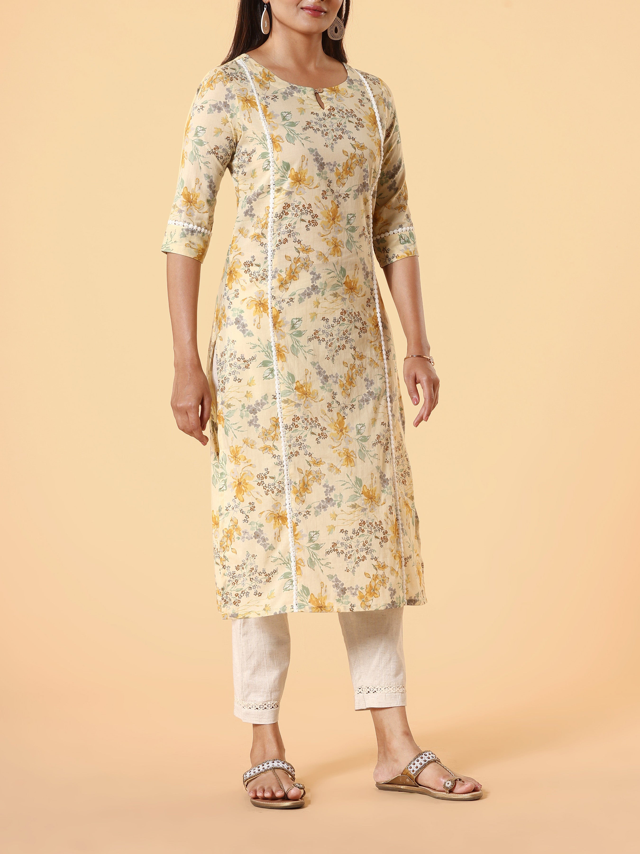 Yellow Pure Cotton Printed Kurti With Lace Detailing