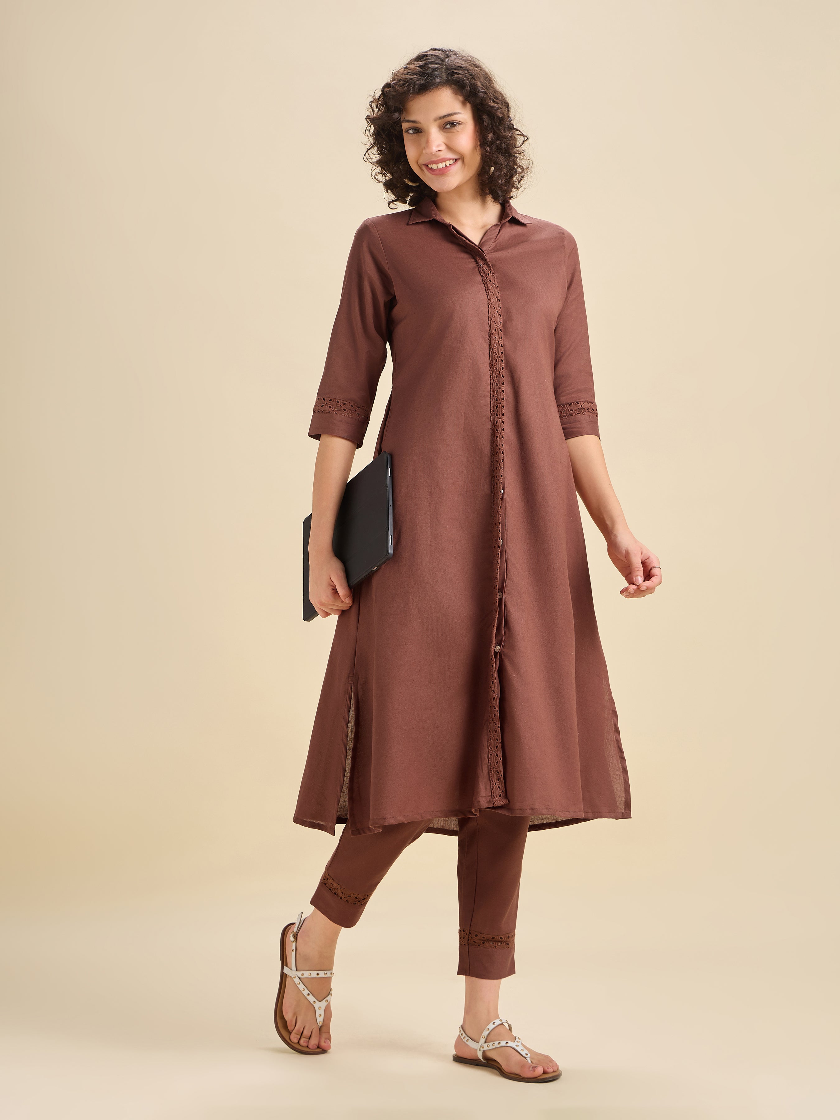 Brick Red Cotton Flax Flared Kurti Set