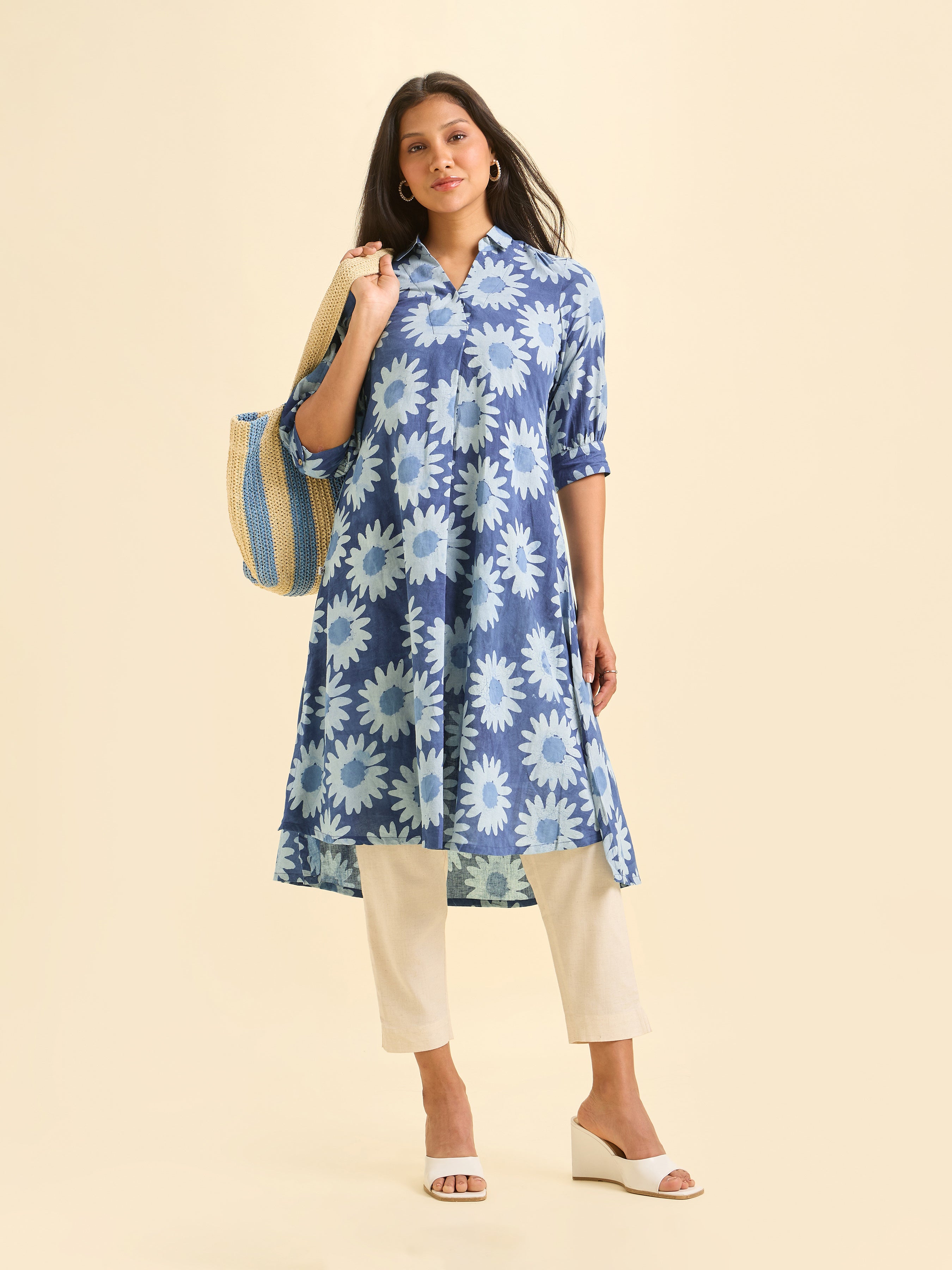 Indigo Blue Cotton Printed Flared Kurti With Curved Hem