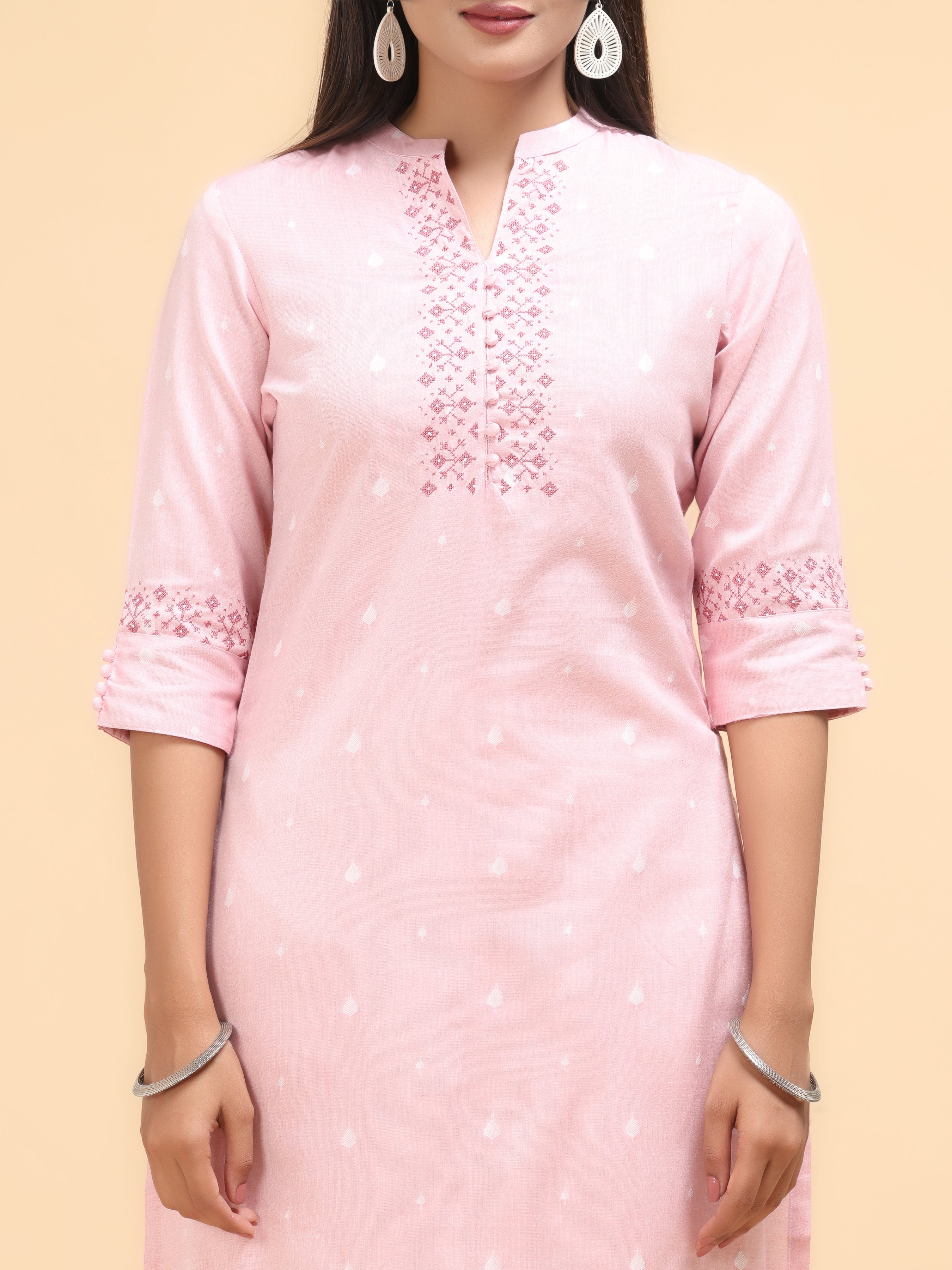 Light Pink Cotton Dobby Kurti With Embroidery