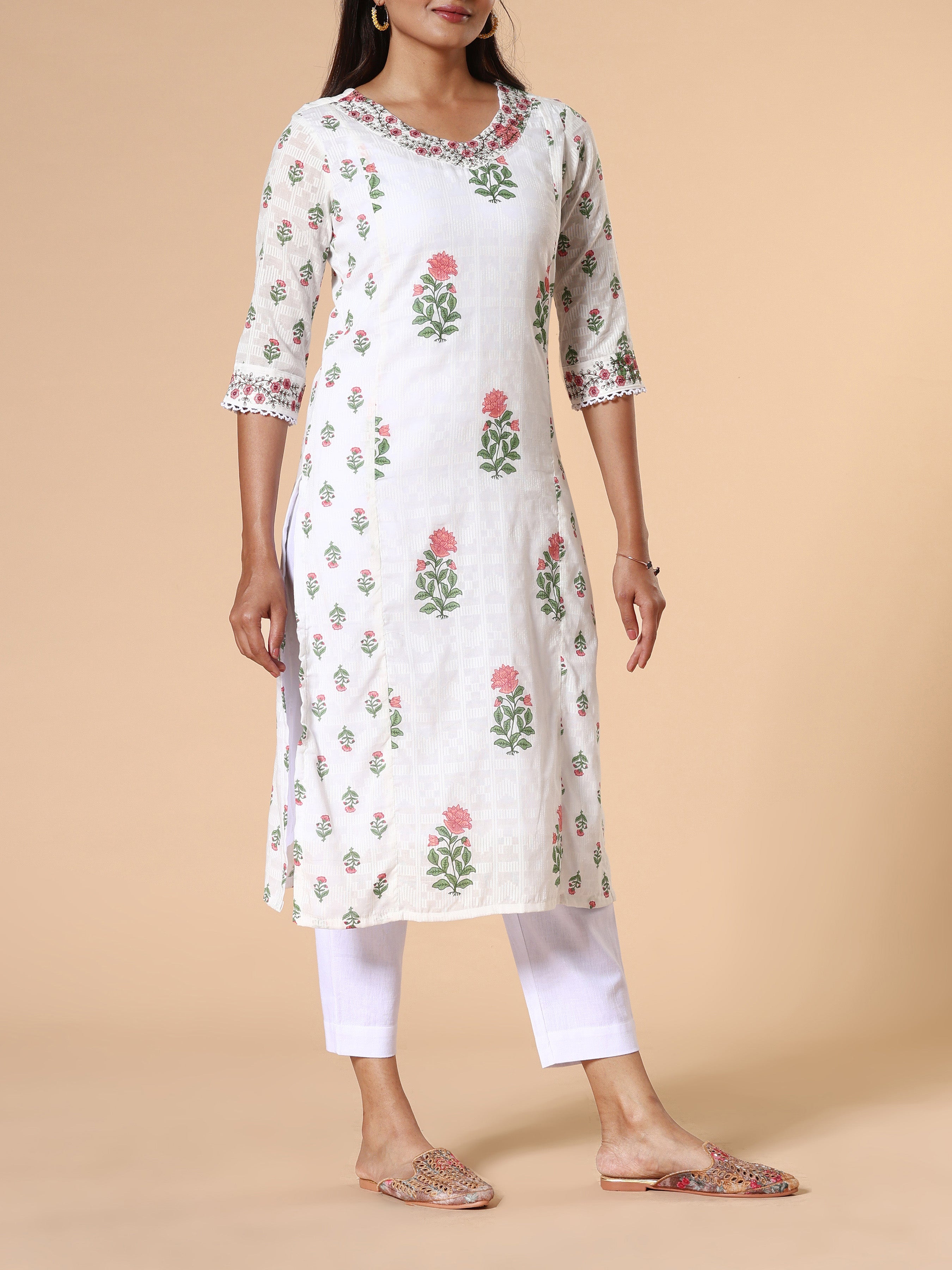 Multi-Colour Cotton Dobby Printed Kurti With Embroidery