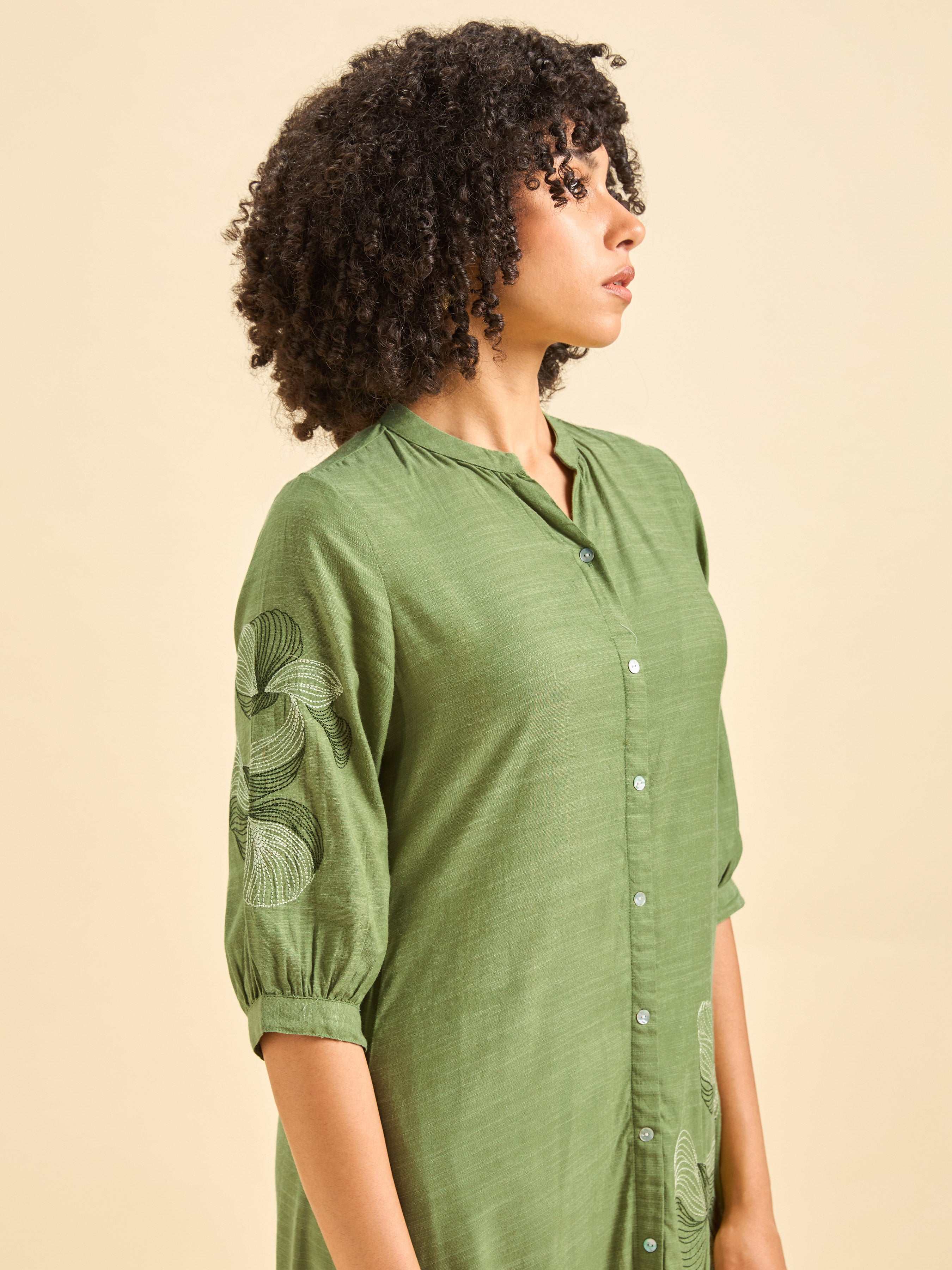 Mint Green Cotton Viscose Kurti With Embroidery