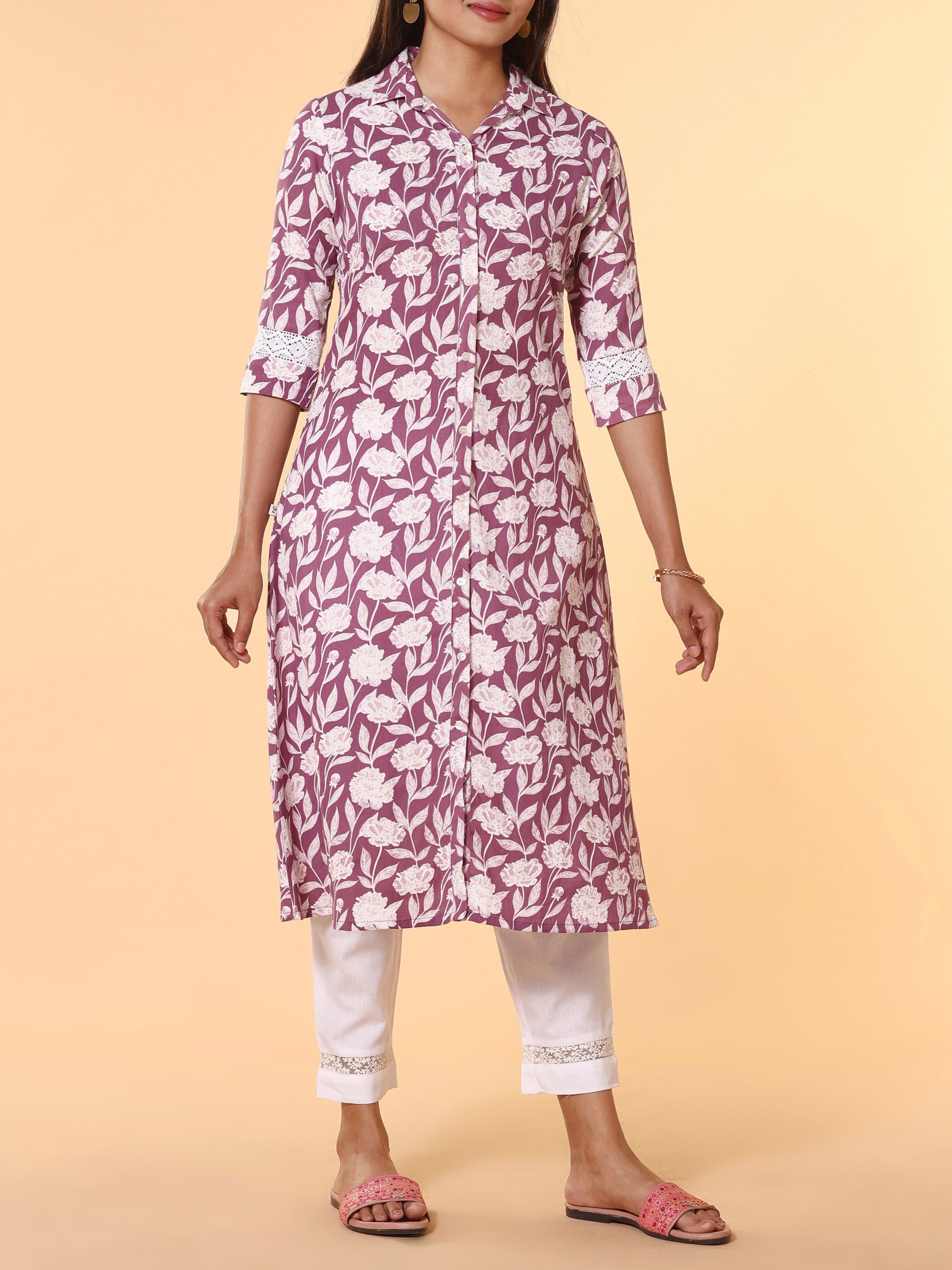 Onion Pink Pure Cotton Printed Kurti With Lace Detailing