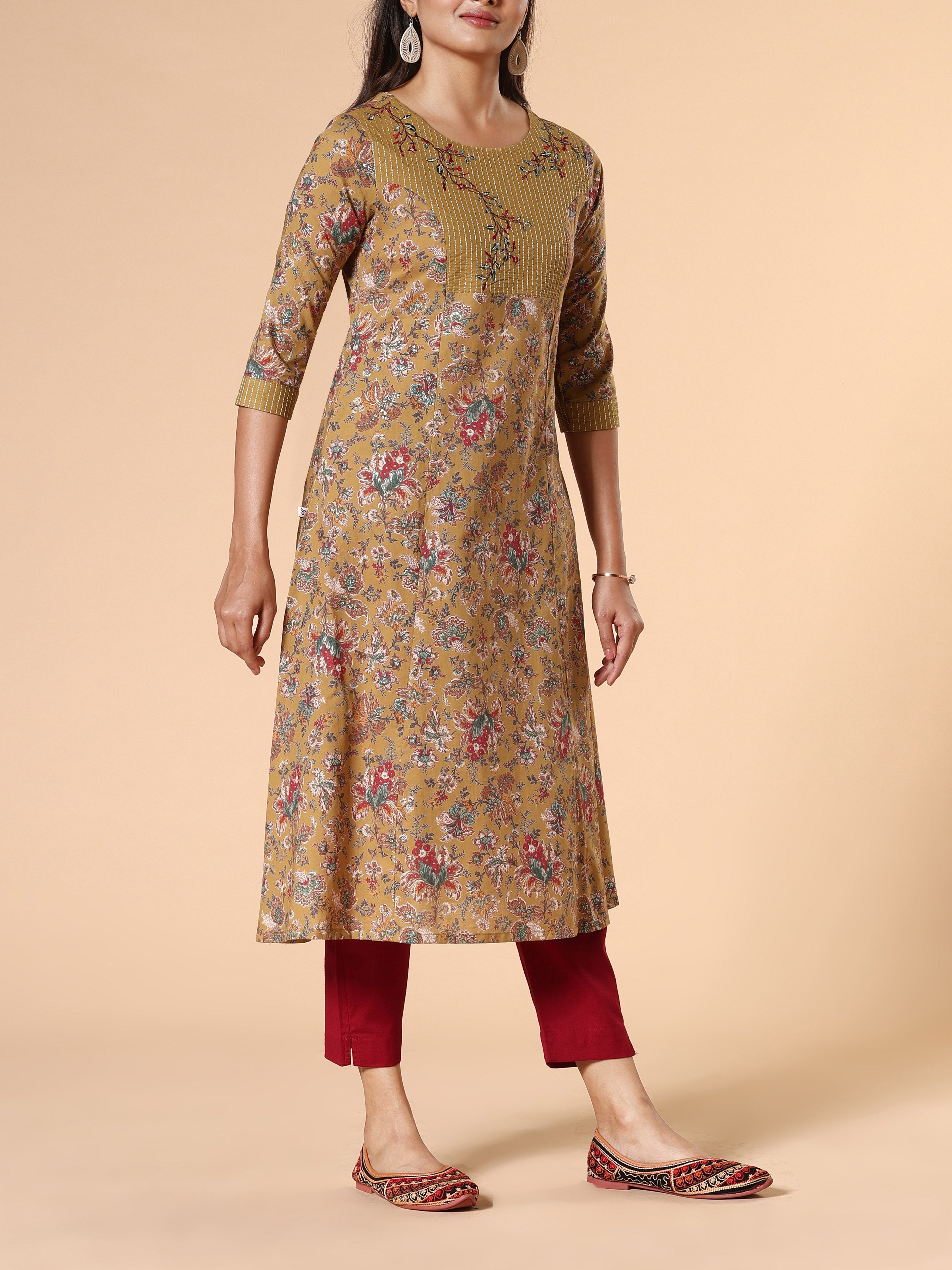 Olive Green Pure Cotton Printed Kurti With Embroidery