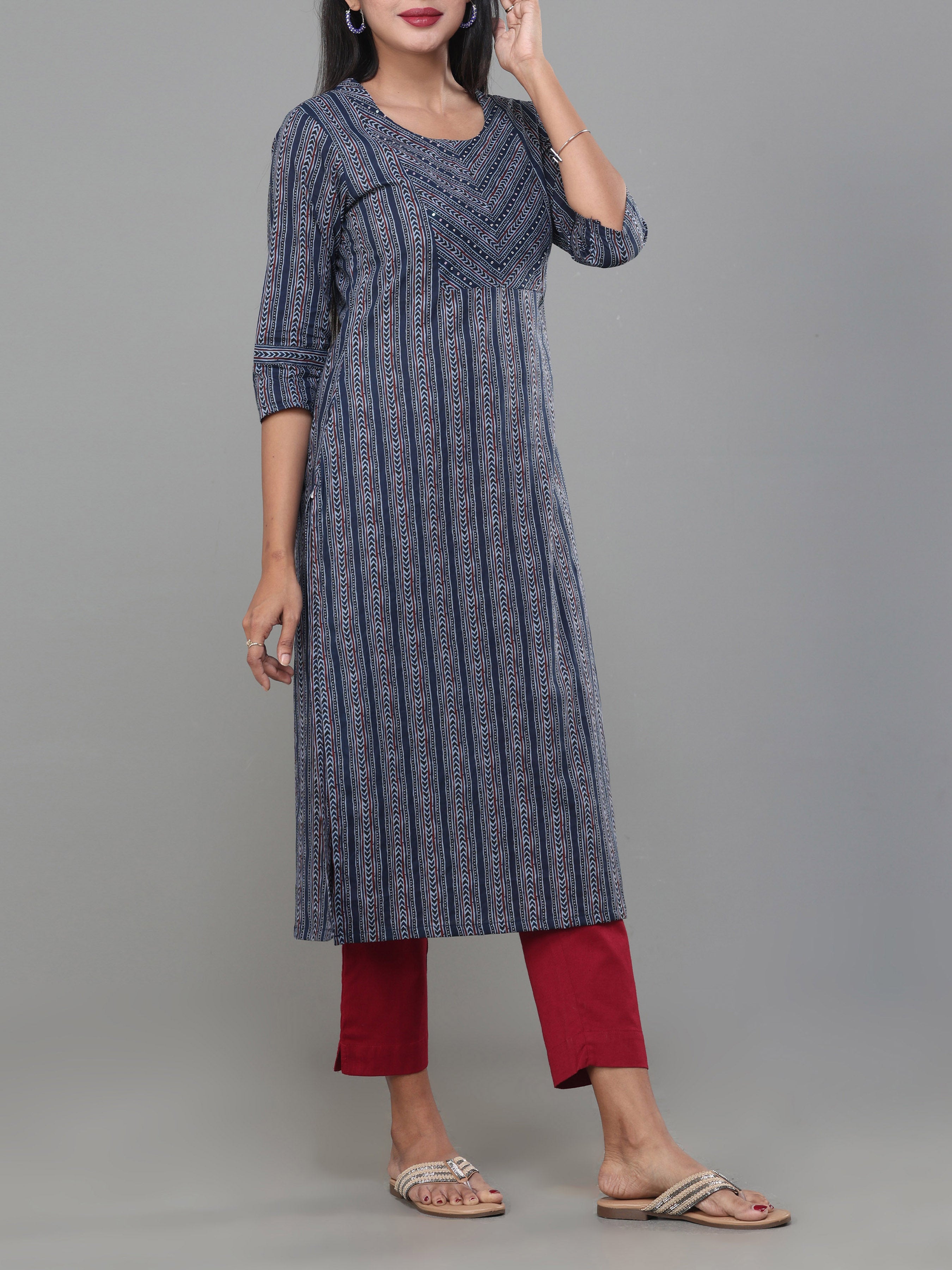 Navy Blue Pure Cotton Printed Kurti With Seequins Work