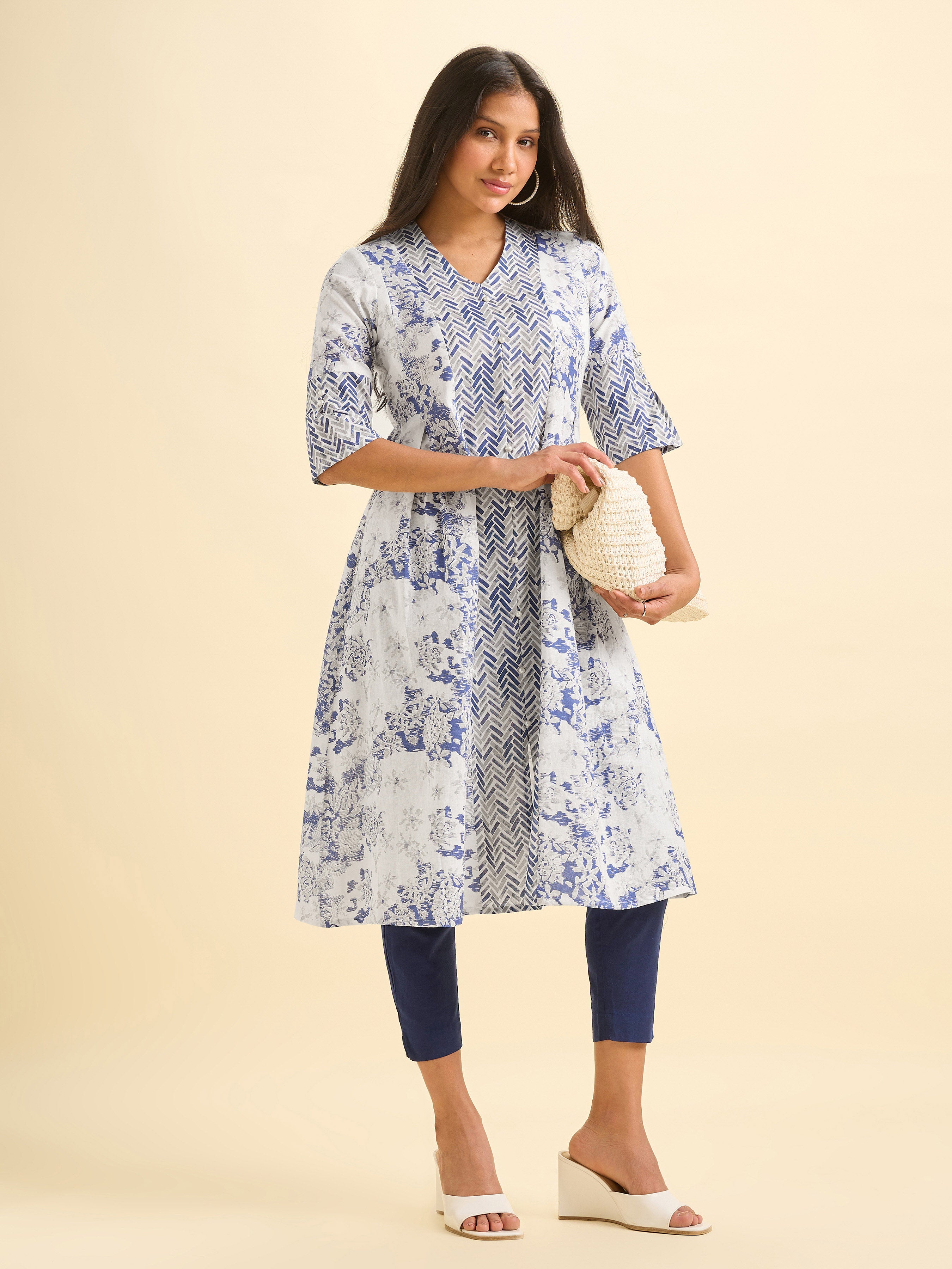 White Blue Cotton Slub Flared Center Panel And Center Cut Kurti