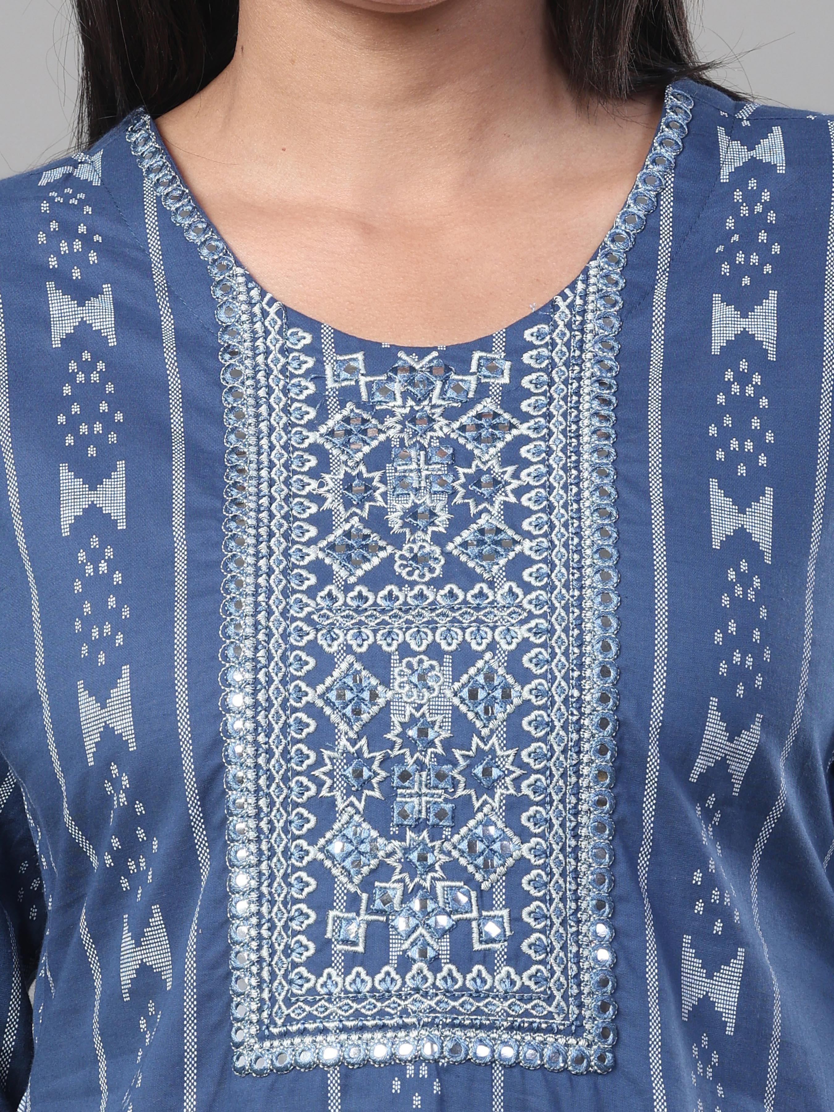 Denim Blue Pure Cotton Printed Kurti With Embroidery And Sequins Work