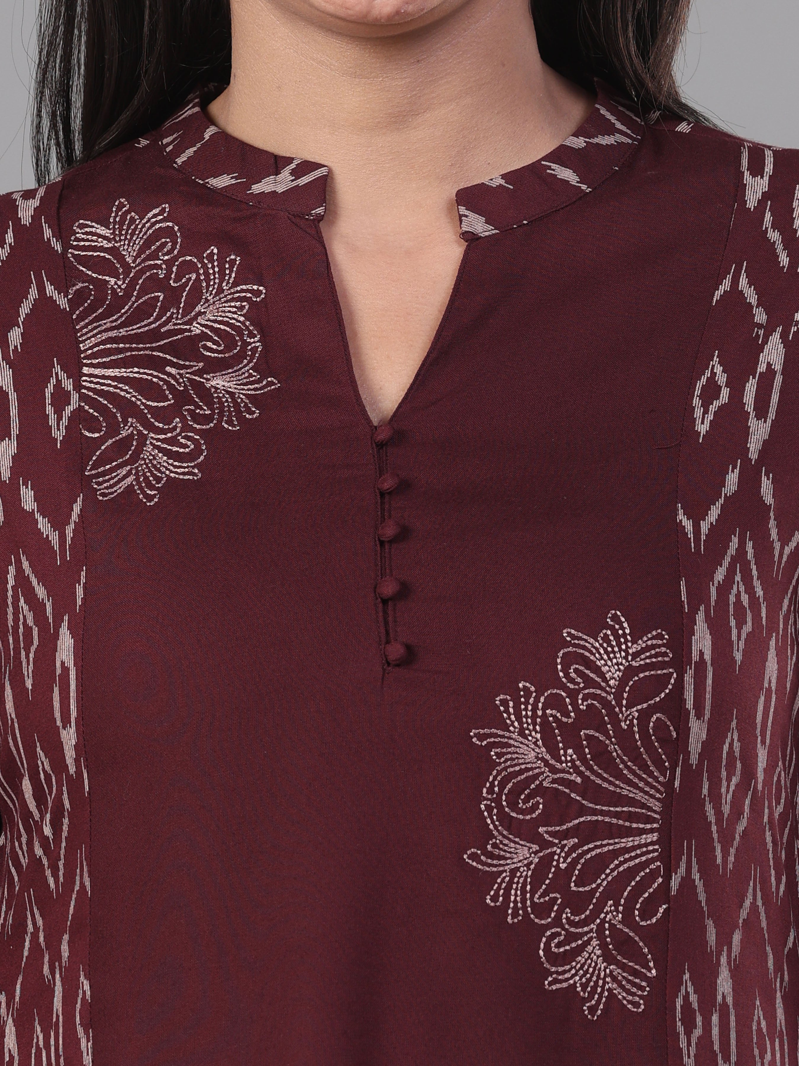 Coffee Brown Viscose Printed Kurti With Embroidery