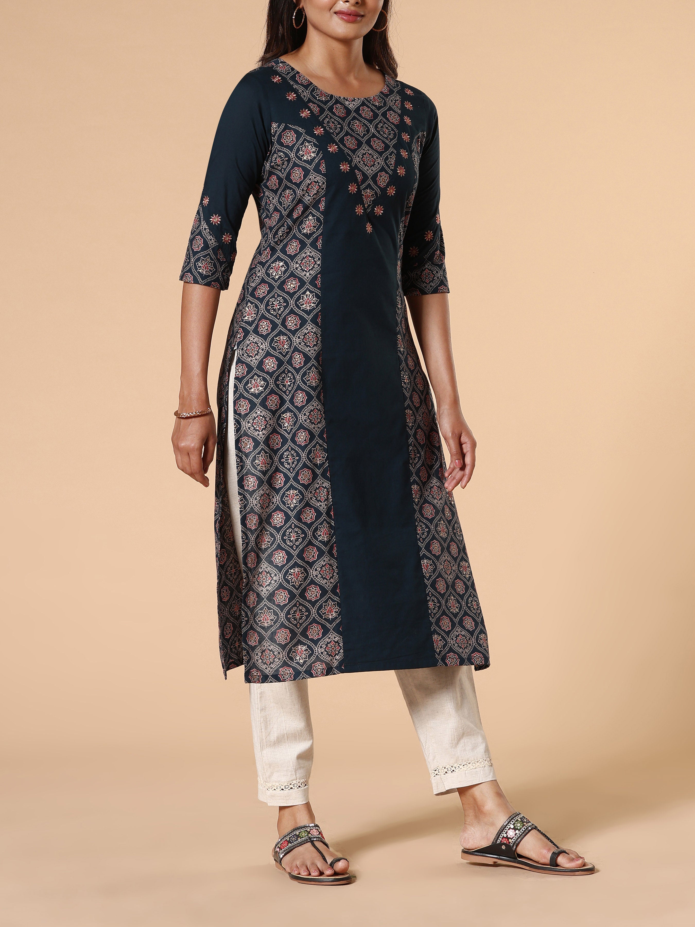 Navy Blue Cotton Dobby Printed Kurti With Embroidery