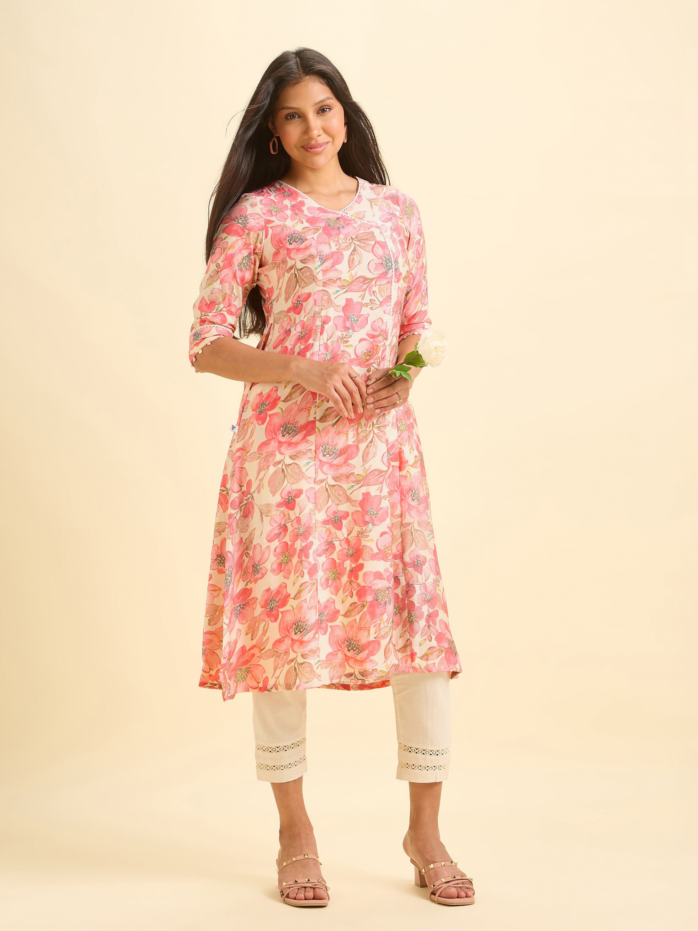 Ivory Printed Modal Chanderi Kurti With Lace