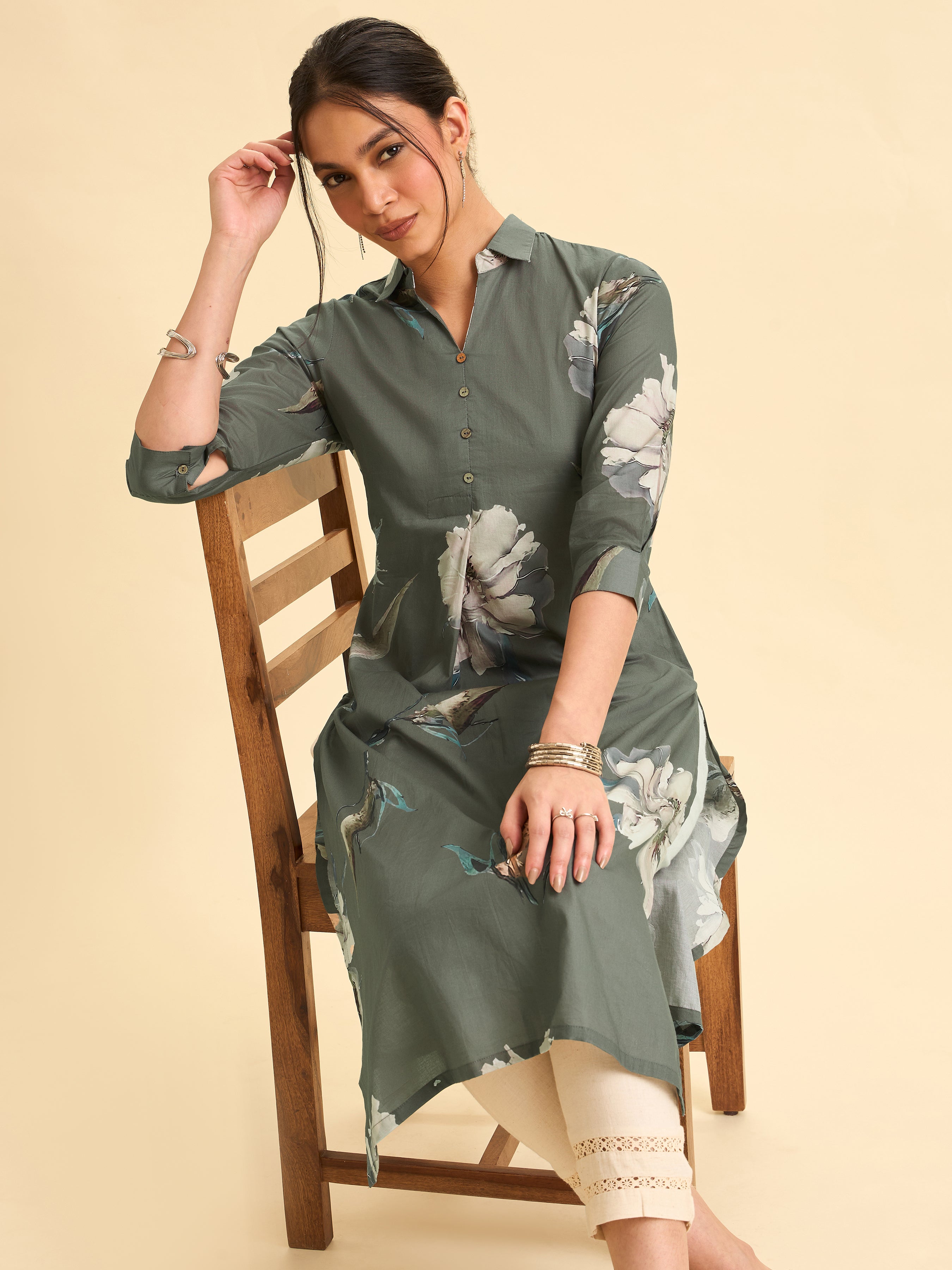 Sage Green Cotton Printed Kurti With Knife Pleat