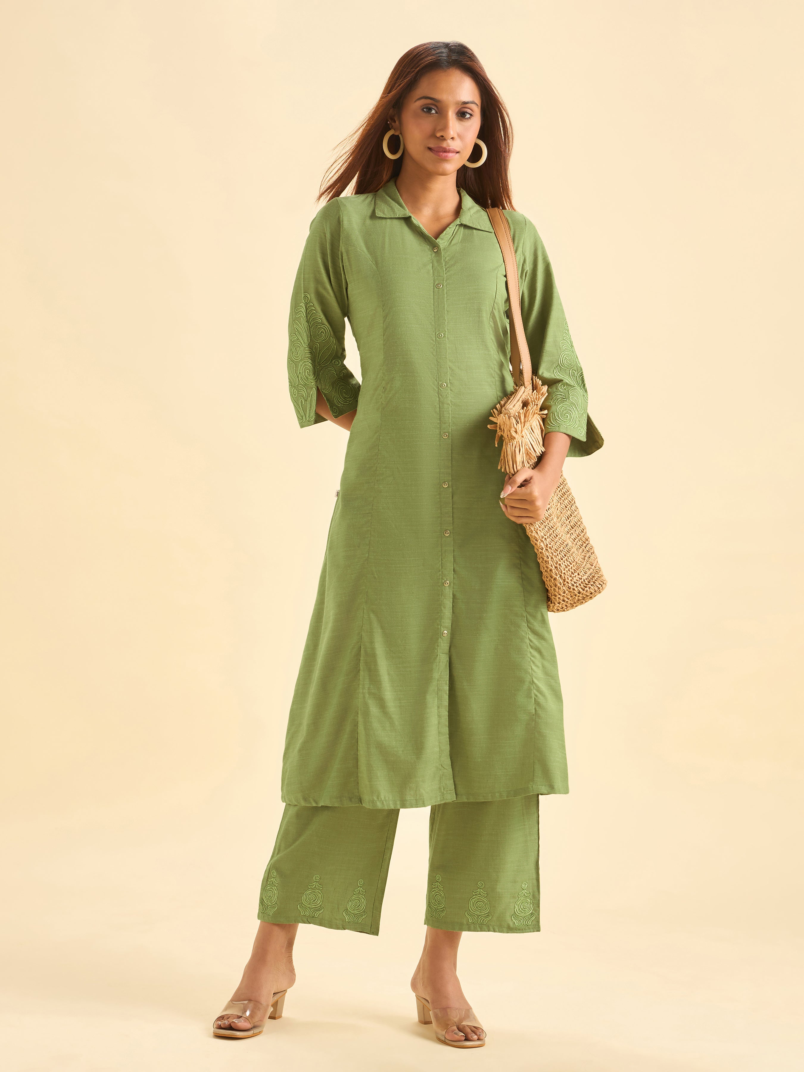 Pista Green Viscose Plain Kurti With Embroidery with Viscose Plain Bottom