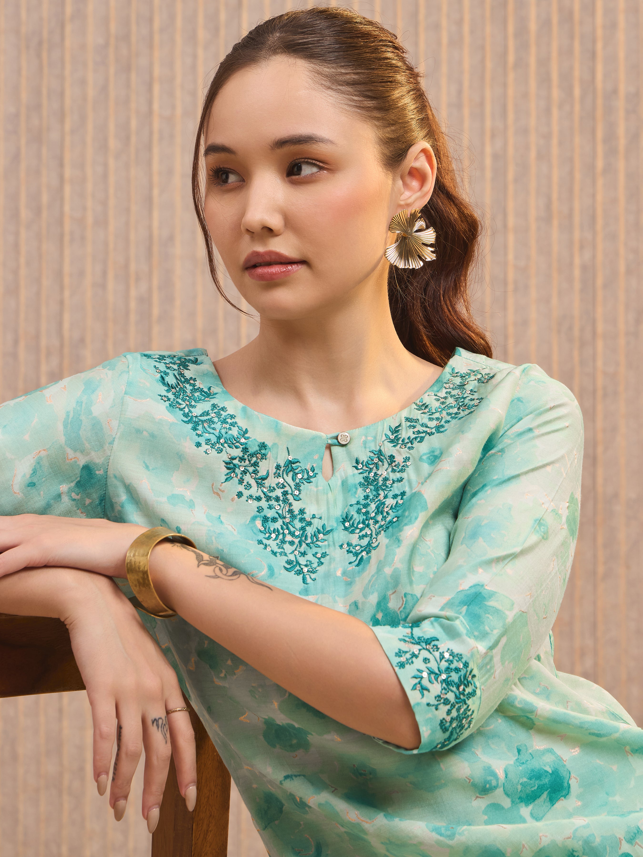 Aqua Green Modal Chanderi Foil Printed Kurti With Embroidery& Sequins Work