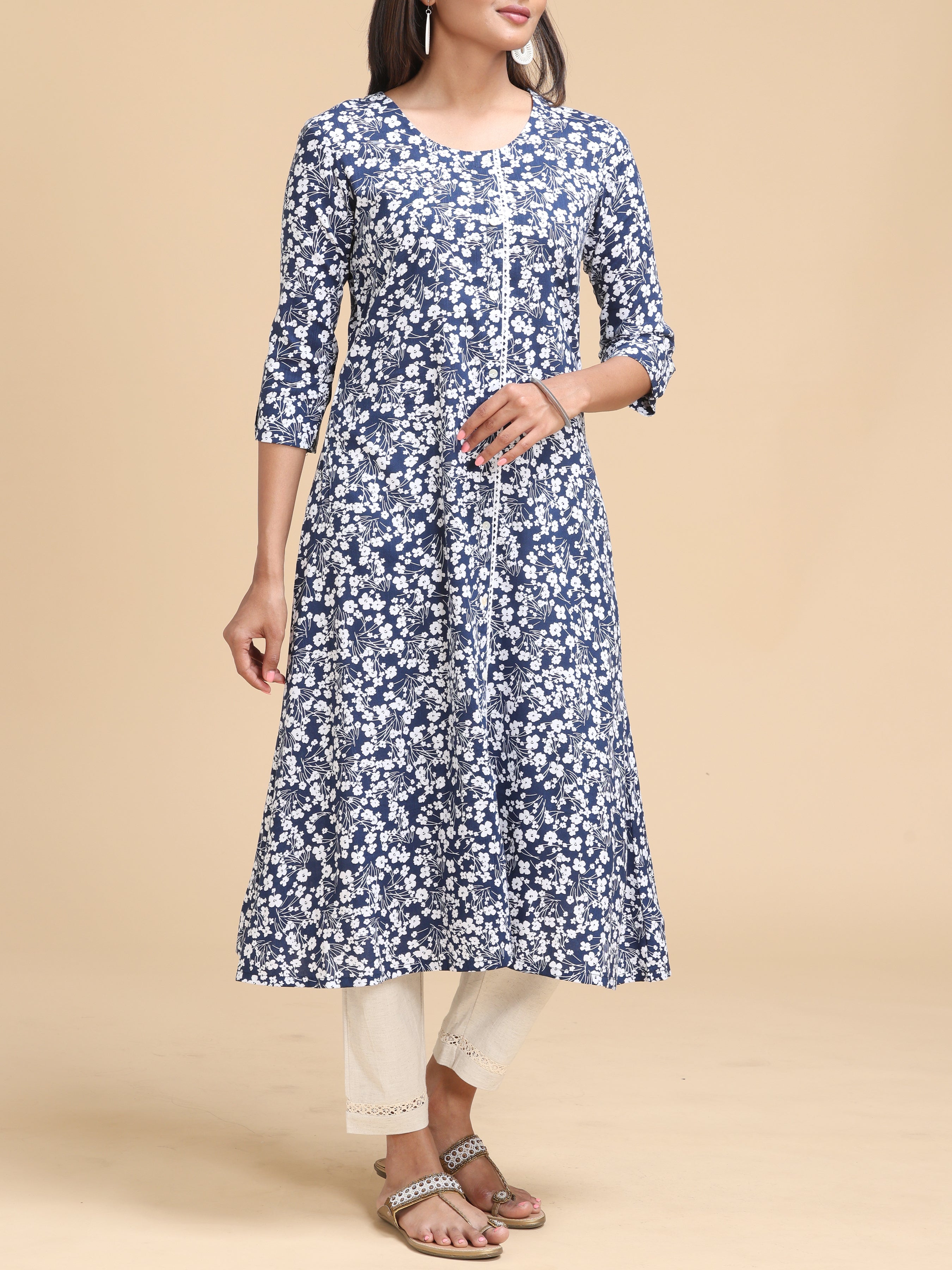 Midnight Blue Viscose Slub Kurti With Floral Print