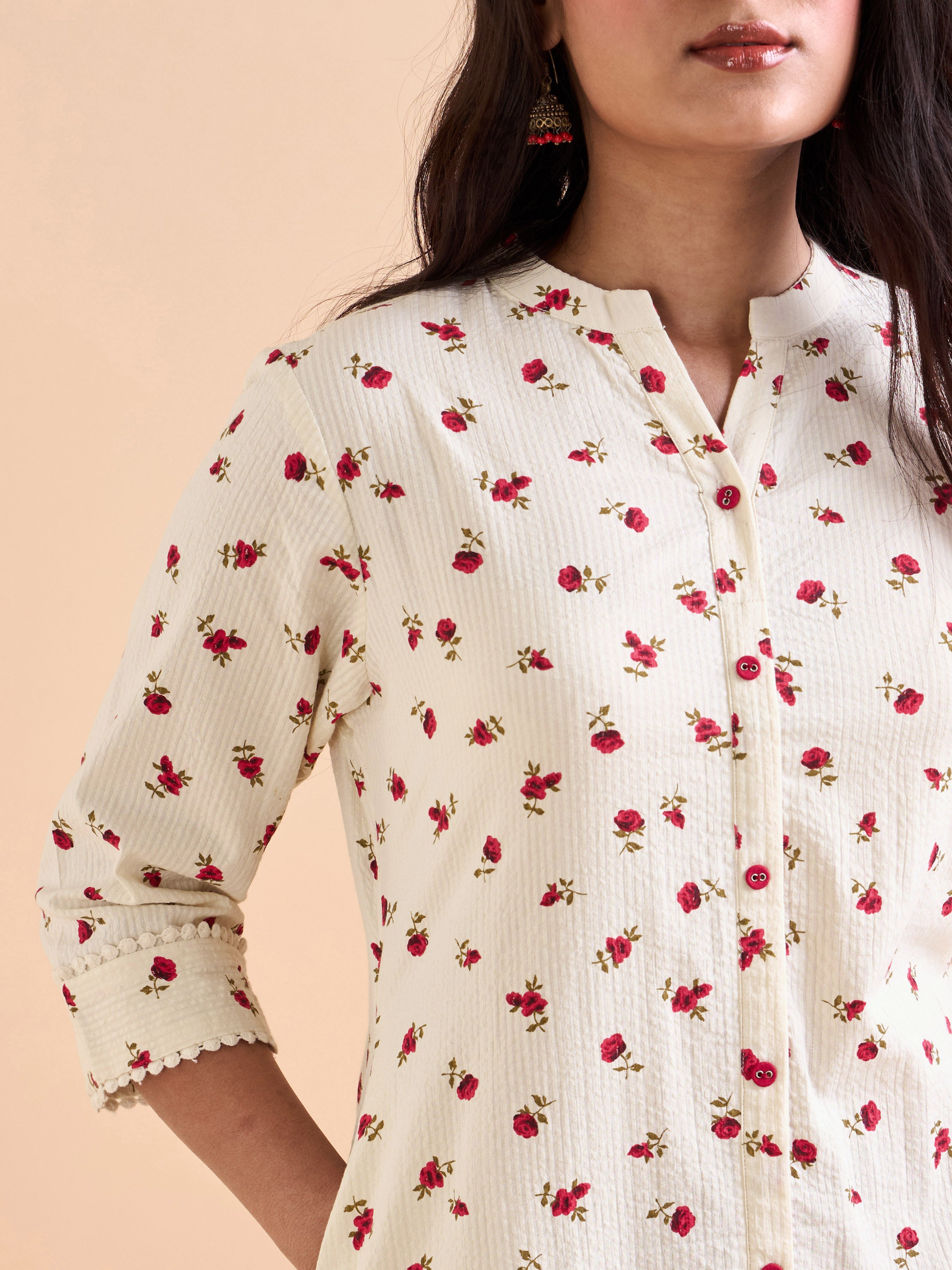 Ivory Pure Cotton Seersucker Printed Kurti With Lace