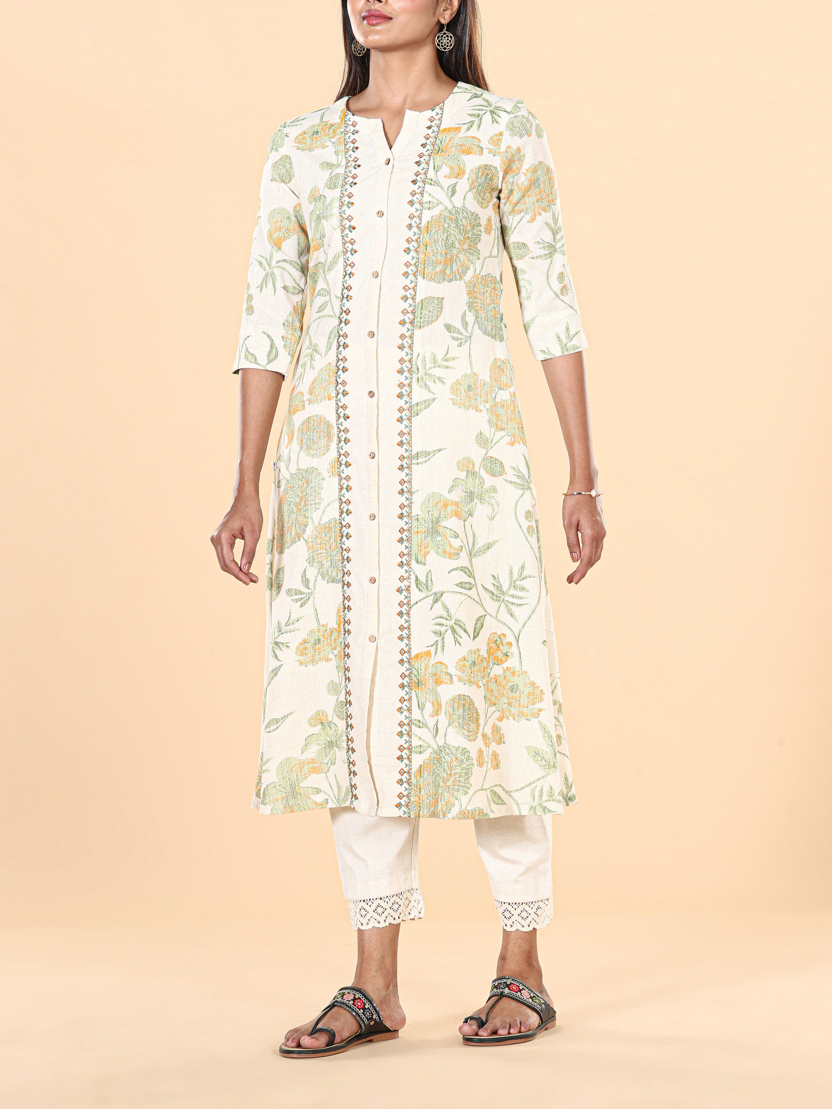 Multi Colour Cotton Flax Printed Kurti With Embroidery