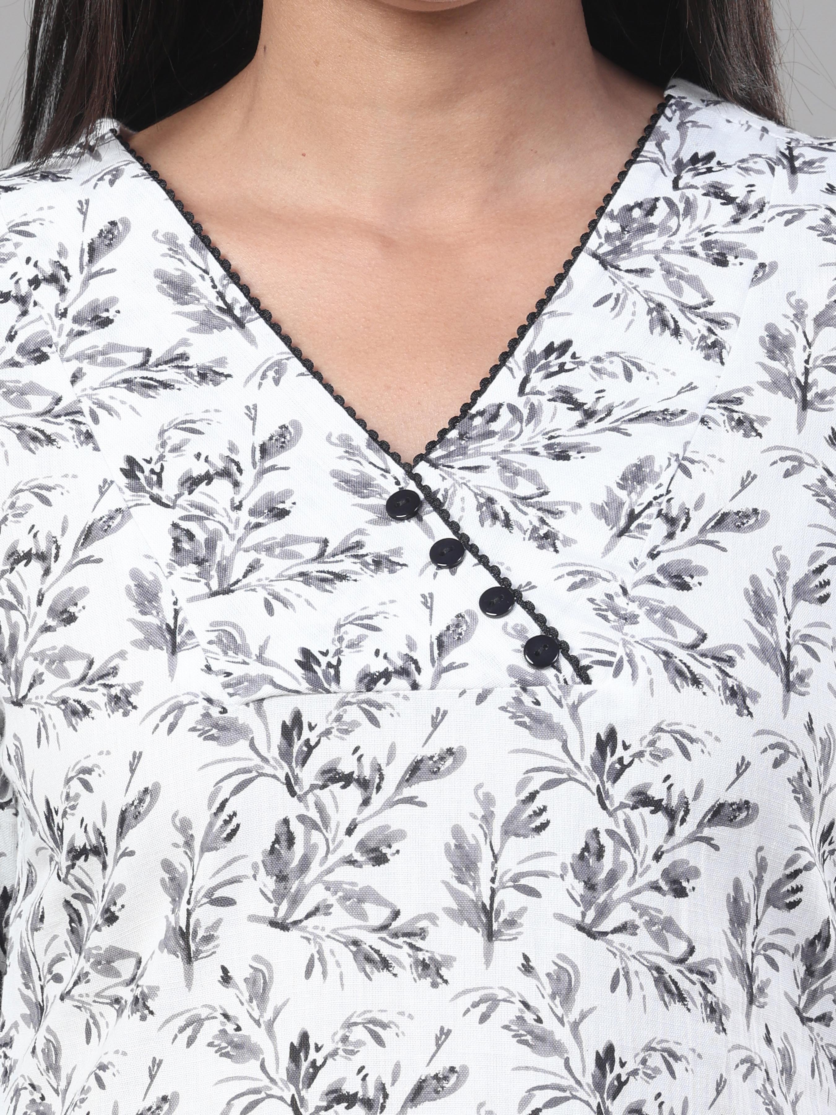 White Cotton Flax Printed Kurti With Lace Detailing