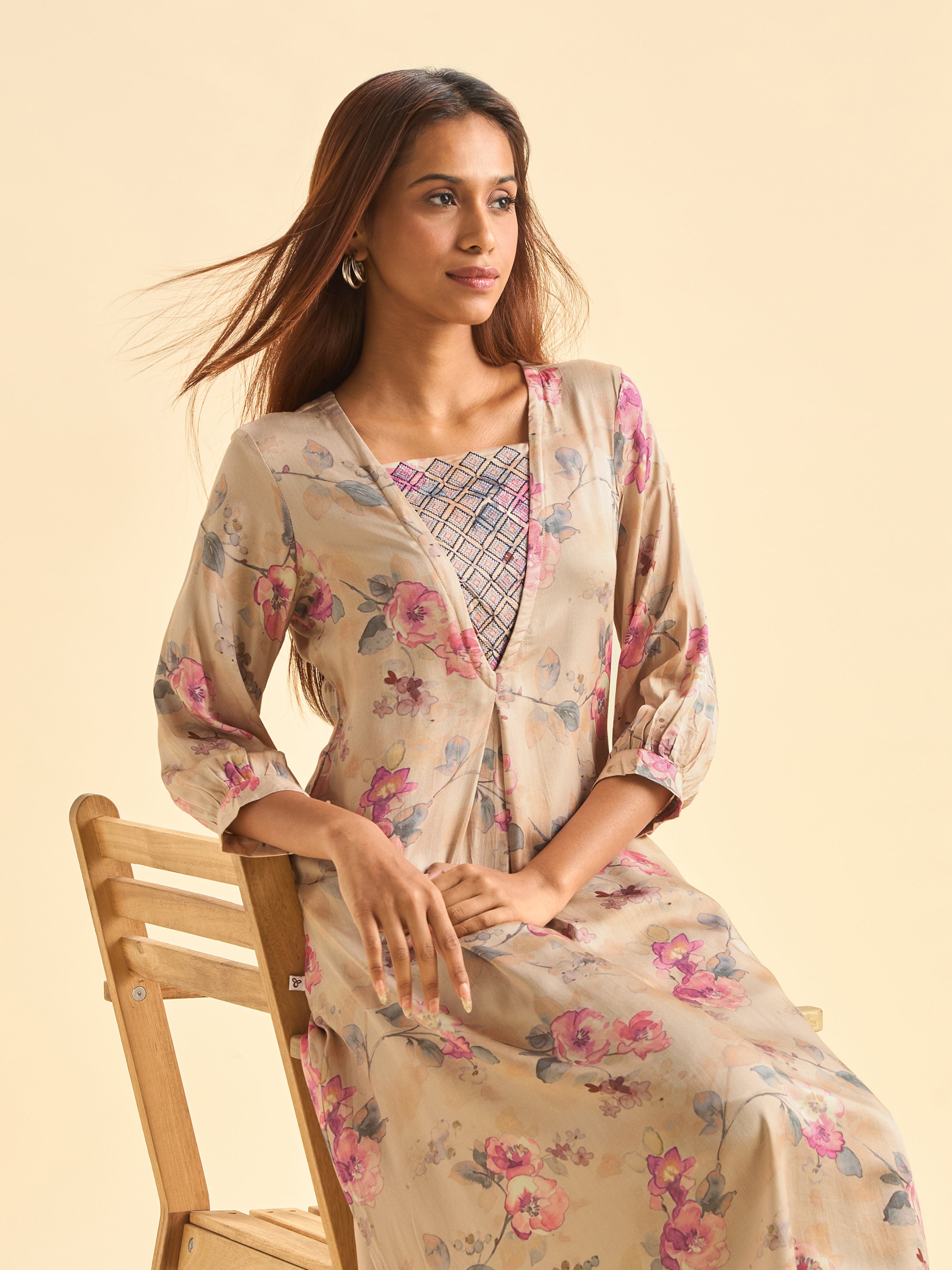 Beige Modal Satin Printed Flared Kurti