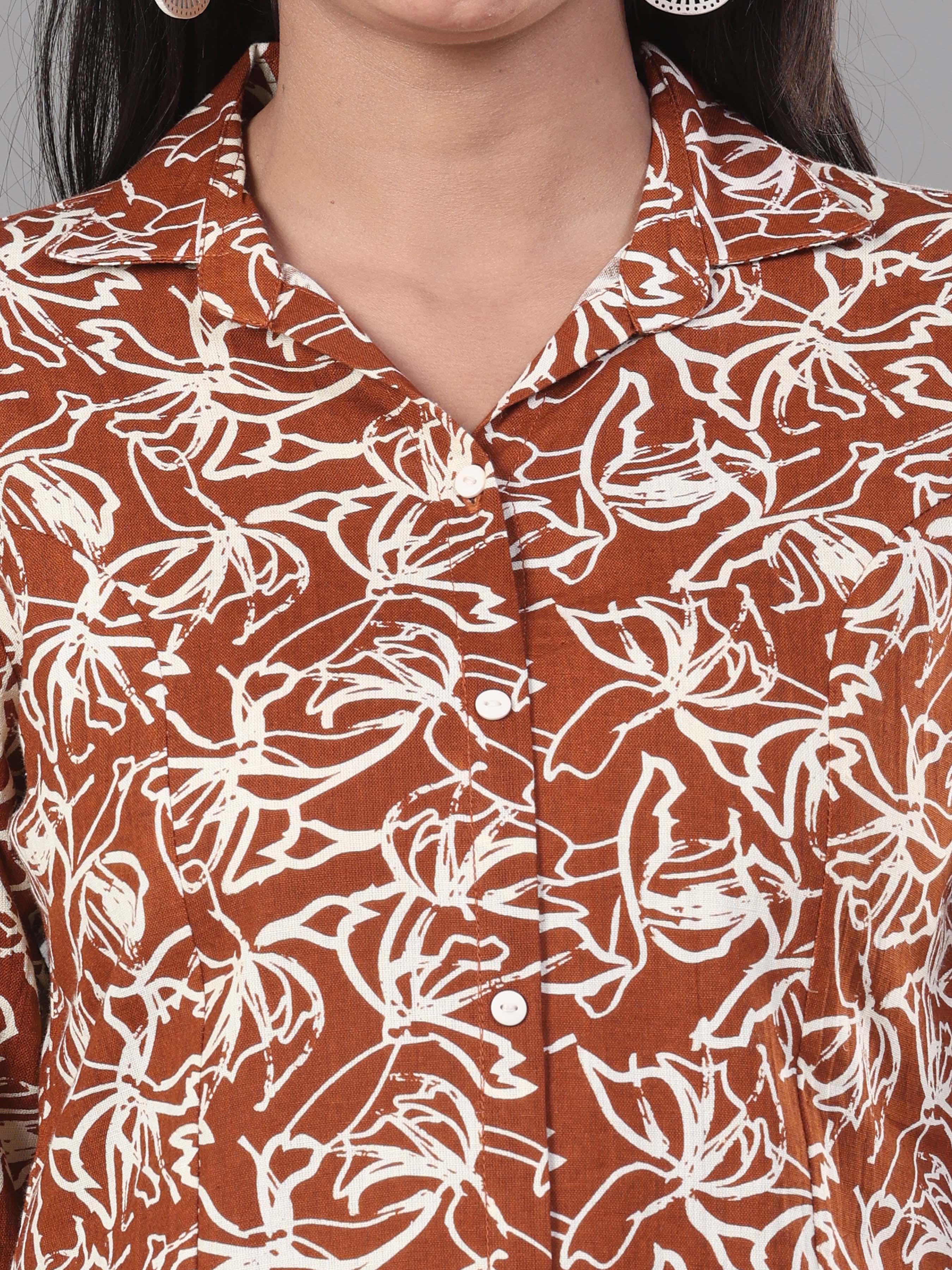 Teak Brown Cotton Flax Printed Kurti